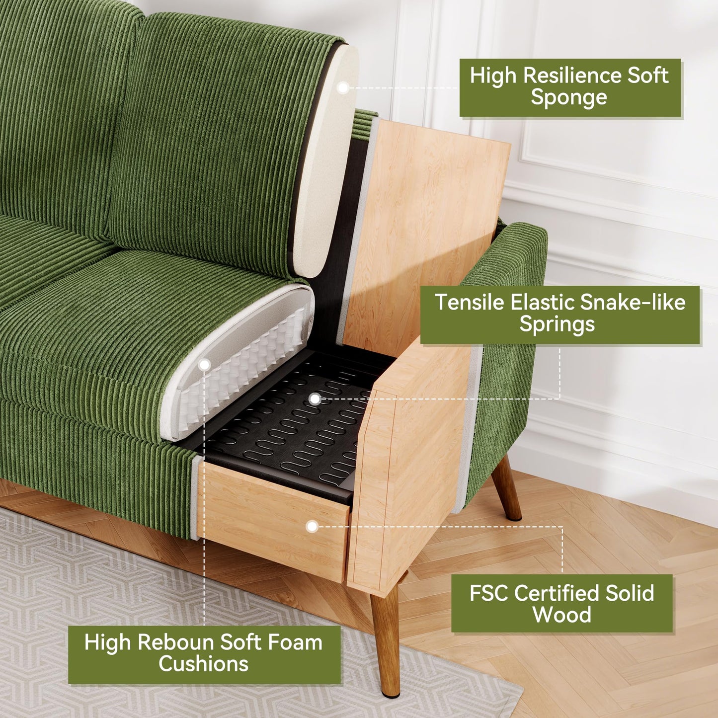 AMICLIBER 68" Loveseat Sofa, Comfy Green Corduroy Couches for Living Room, Mid Century Modern Love Seat Sofa, Tool-Free Setup Small Couches for Bedroom Office