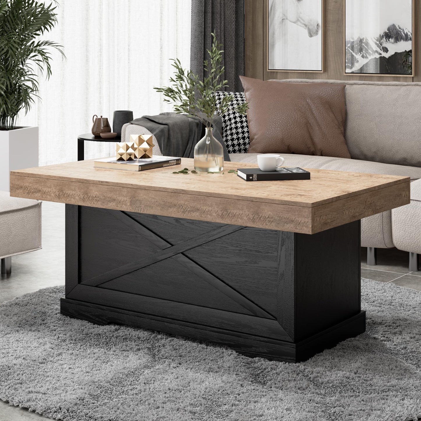 Lareth Coffee Table 39 in Rustic Center Table with X-Design Wooden Pedestal for Living Room, Space Saving, Rectangle Home Office Tea Accent Table for Apartment, Dark Oak Black