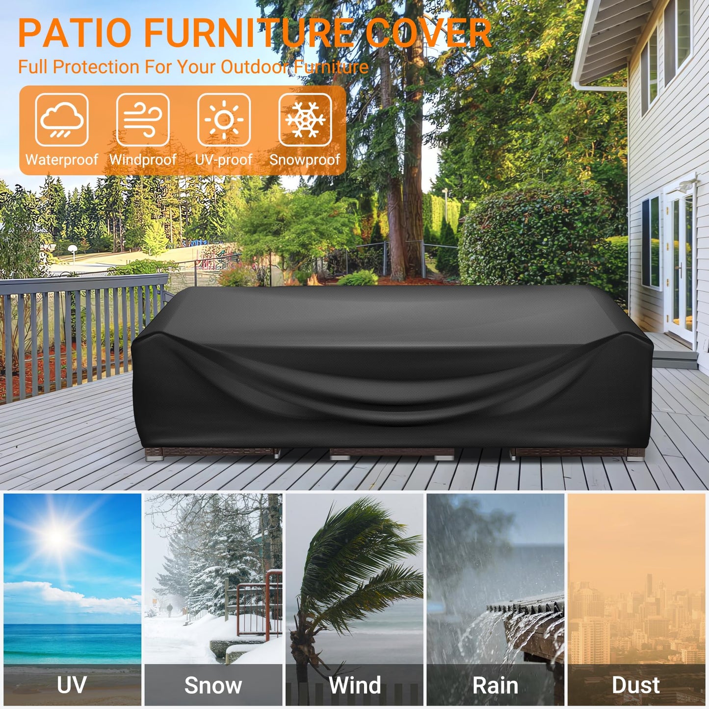 WLEAFJ Patio Furniture Covers Rectangle, Outdoor Table Covers Waterproof, Heavy Duty Outdoor Furniture Cover, Patio Sectional Set Cover 90" L x 64" W x 28" H, Black
