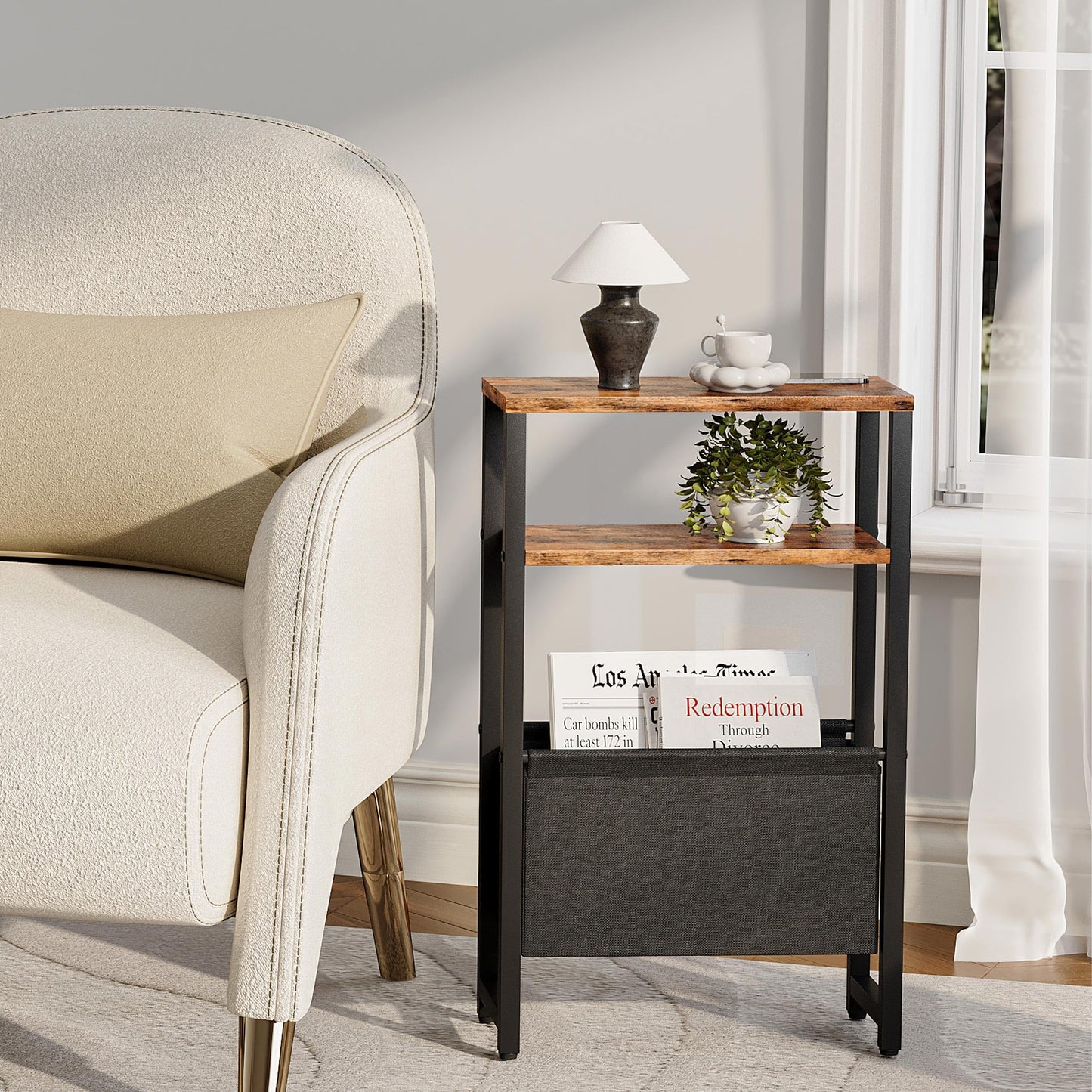 IRCPEN Narrow Side Table, Slim End Table with Magazine Rack, Skinny Bedside Table for Small Spaces, 3 Tier Sofa Couch Table Nightstand for Living Room, Bedroom, Rustic Brown LET503R