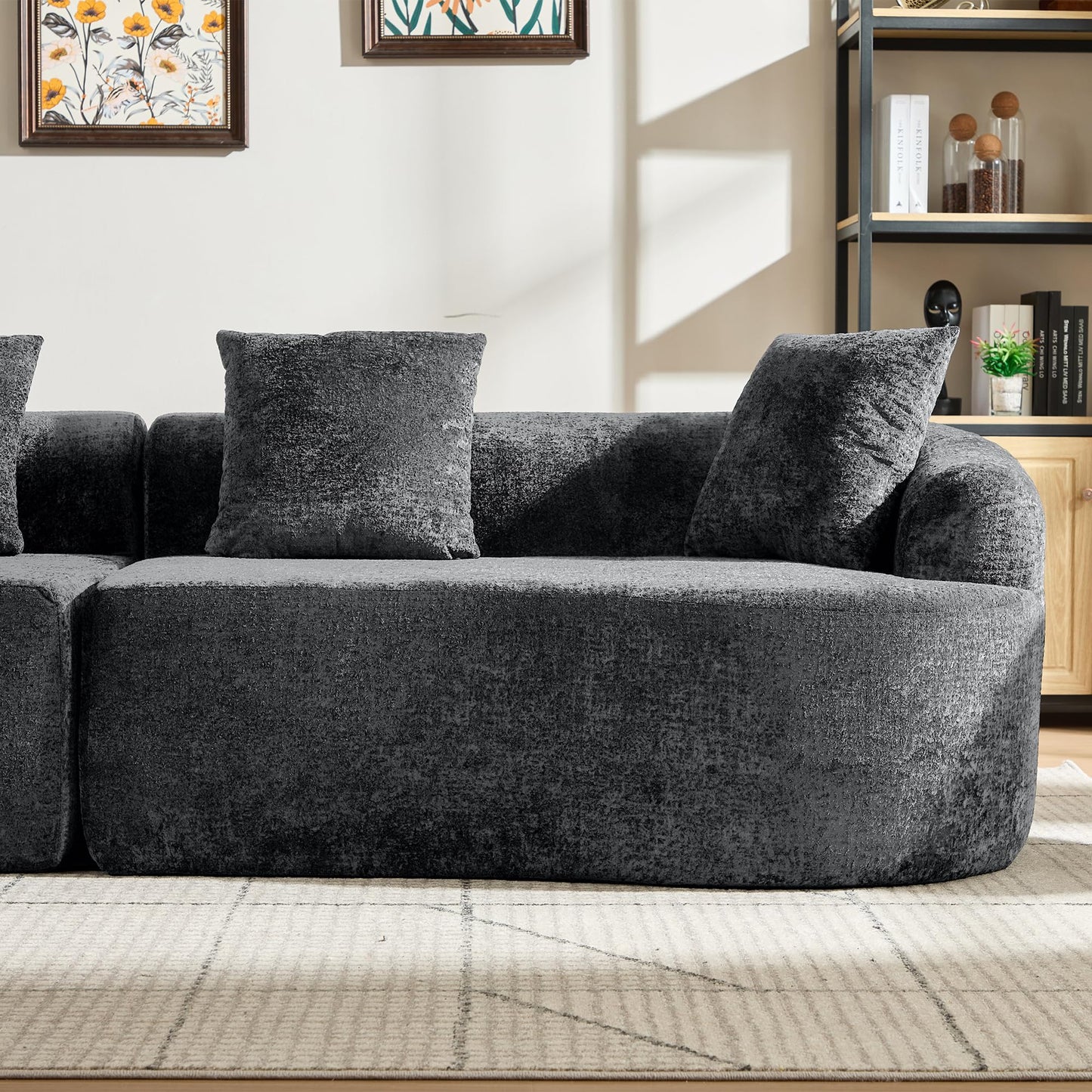 Sectional Sofa, Curved Cloud Sofa Couch, Chenille Full Sponge Chaise for Living Room, Apartment (Grey, 110 Inch)