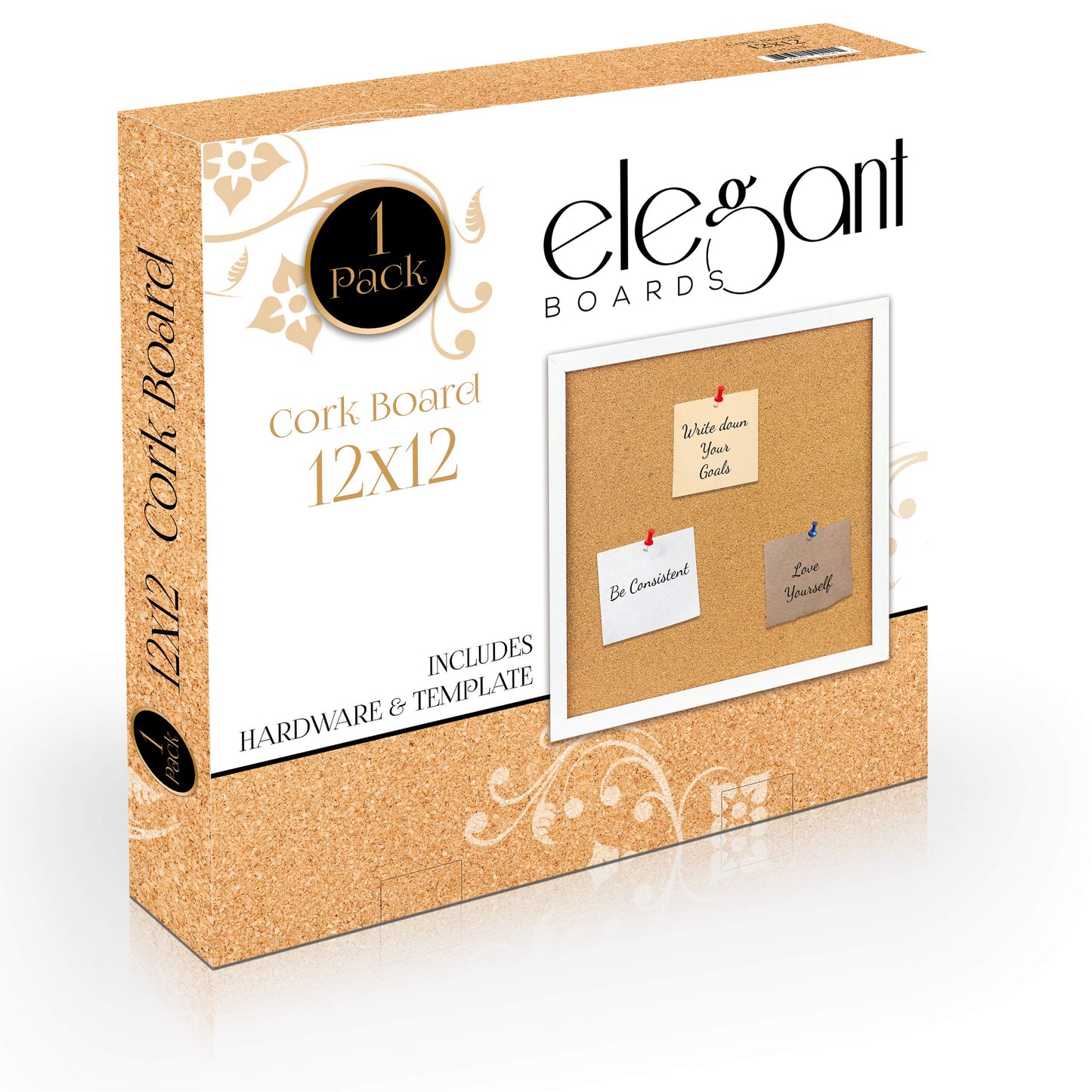 Elegant Boards Cork Bulletin Board 12"X 12" Square Wall Tile , Modern White Framed Board For Home And Office (Hardware And Template Included)