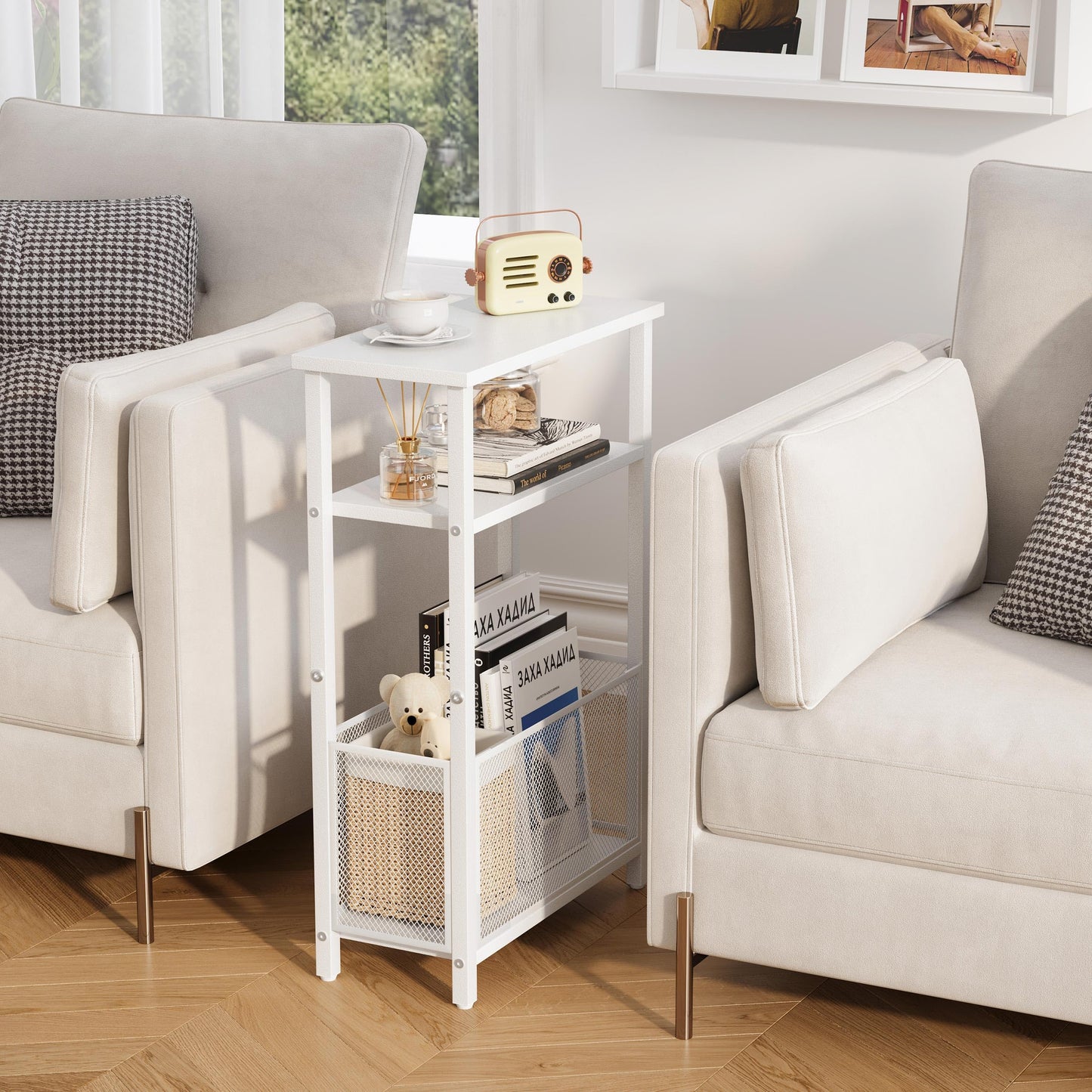 MMEOLUOOK Narrow Side Table with Storage Basket Skinny End Tables for Smalls Spaces 3 Tier Sofa Table Small Nightstand Slim Bedside Table for Living Room Bedroom White MLBZ22W