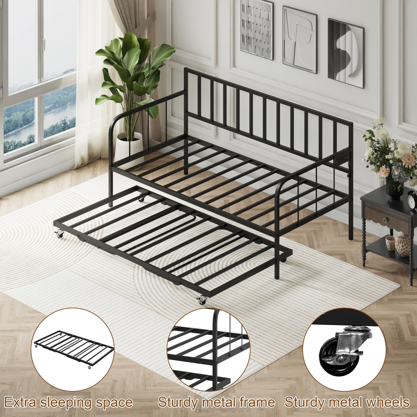 JOJOZOO Daybed with Trundle, Heavy Metal Twin Size Bed with USB Charging Station & LED Lights, Space Saving for Living Room, Bedroom, Guest Room