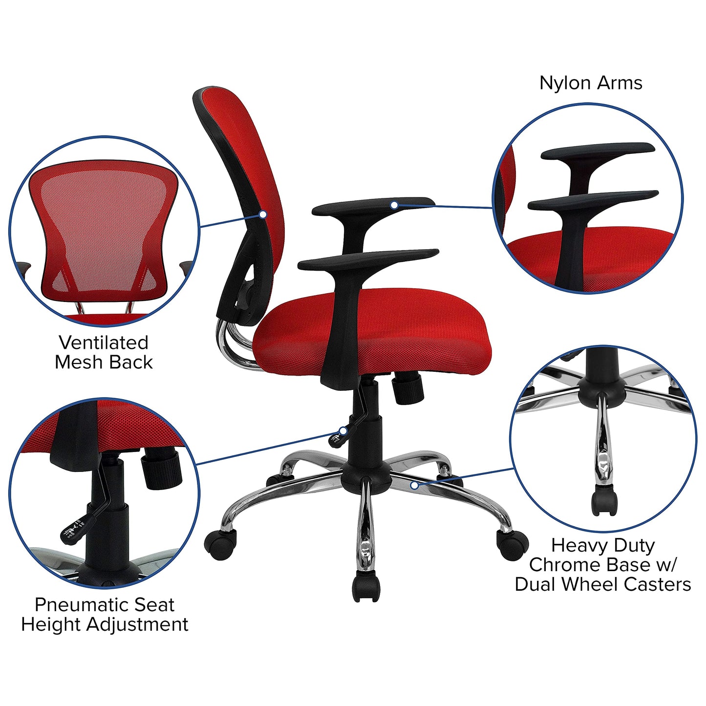 Flash Furniture Alfred Mid-Back Red Mesh Swivel Task Office Chair with Chrome Base and Arms