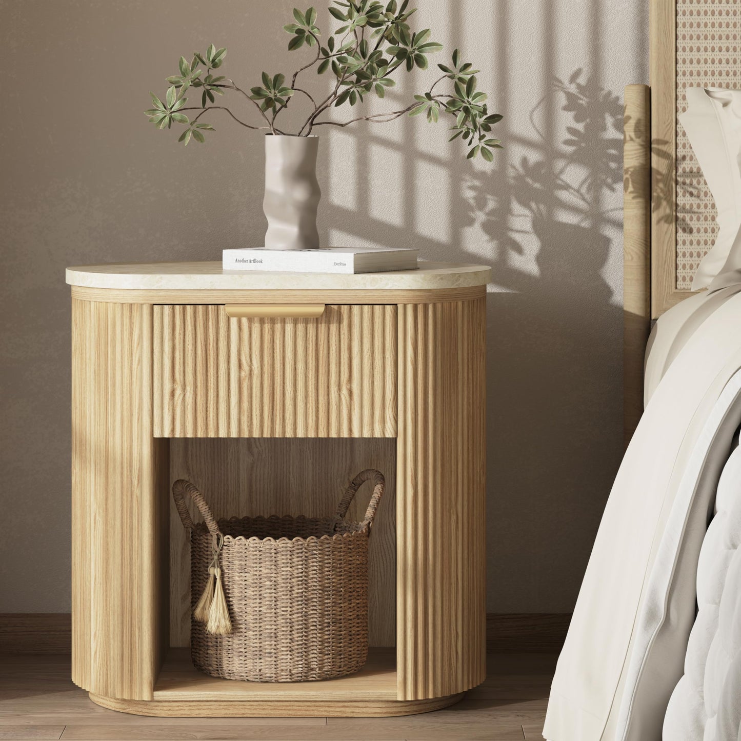 Fluted Nightstand with Faux Marble, 23.6" Large Bedside Side Table with Drawer, Wood End Table with Storage, Curved Round Corner, Furniture Bedroom Sofa, Mid Century Modern, Boho,Oak, Marble