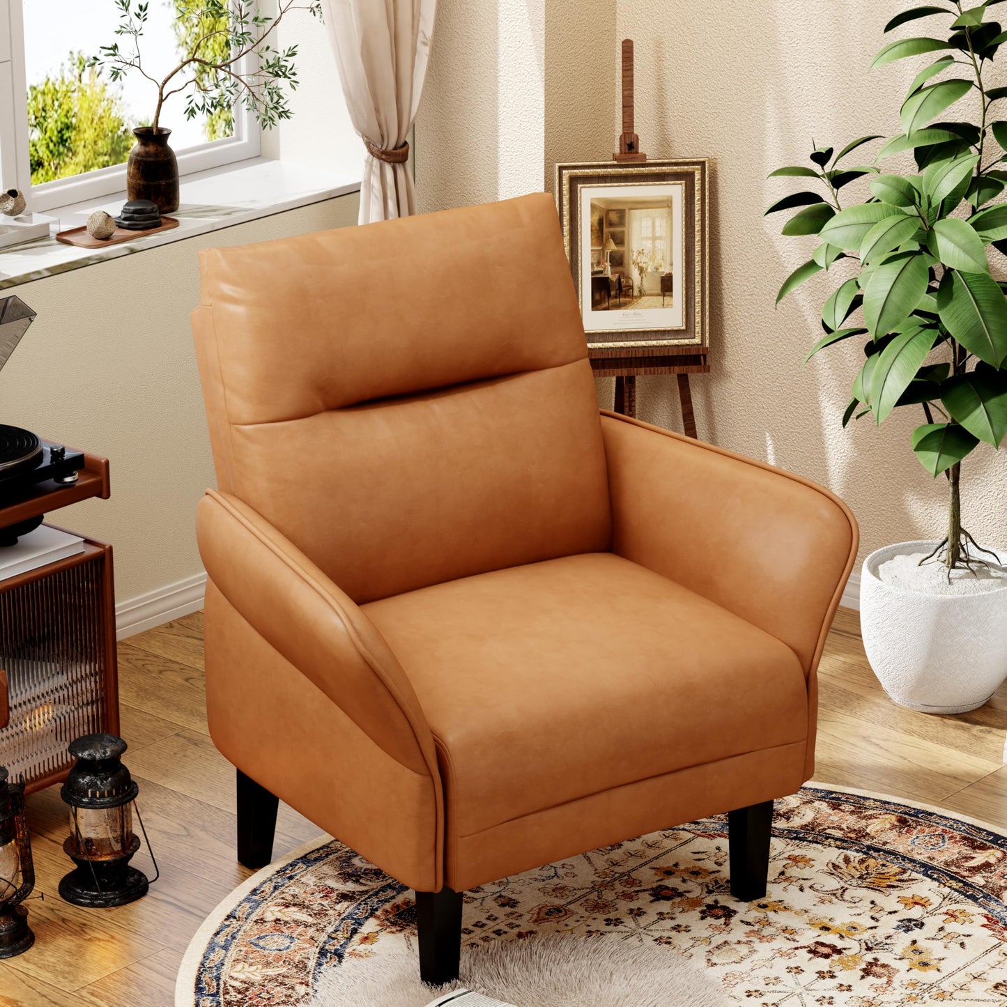 ALISH Mid-Century Accent Chair,Uphsoltered Modern Armchair Side Chairs with Wood Legs,Faux Suede Single Sofa Chair for Living Room, Bedroom (Brown, Set of 1)