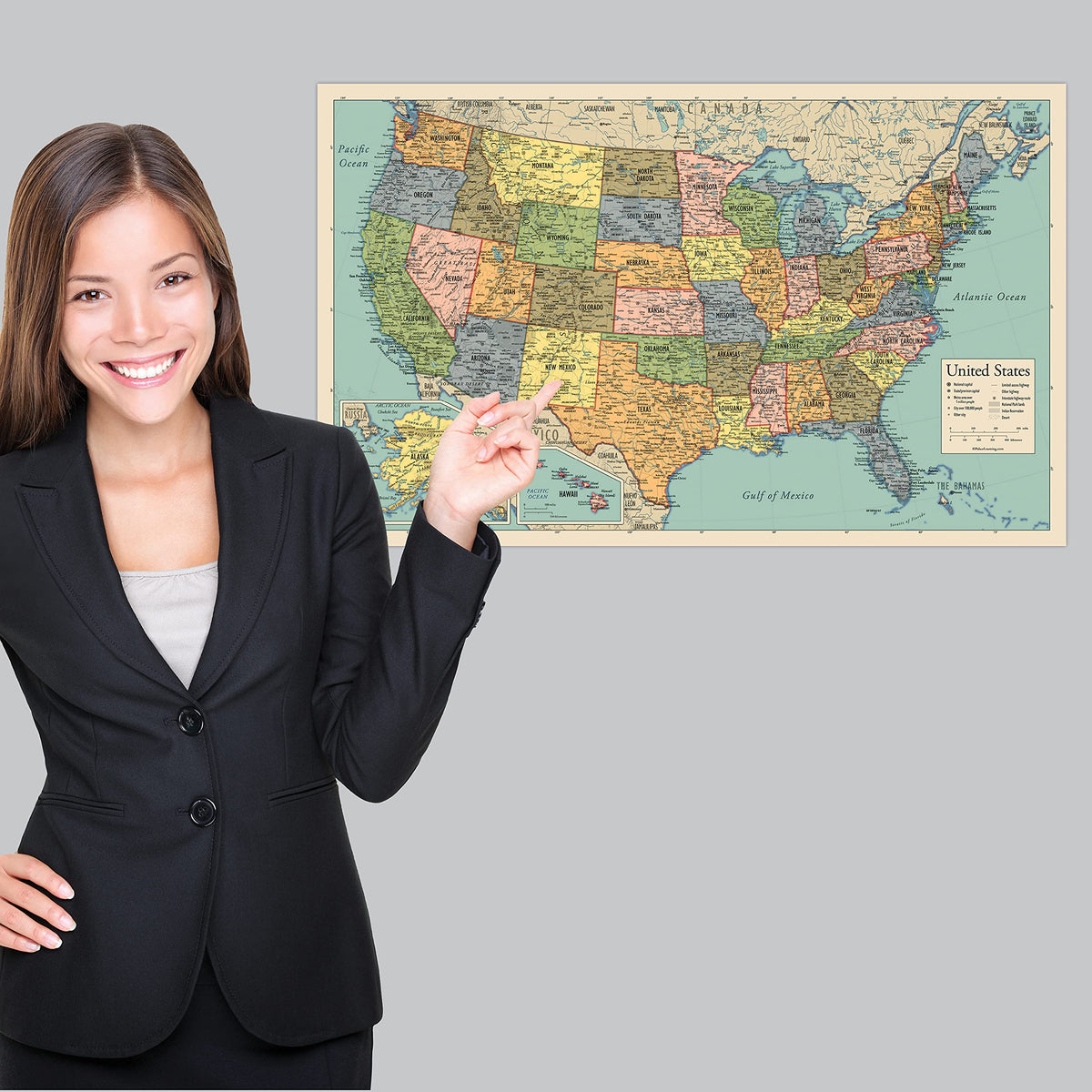 2 Pack - World Map Poster & USA Map Chart [Tan/Color] (LAMINATED, 18” x 29”)