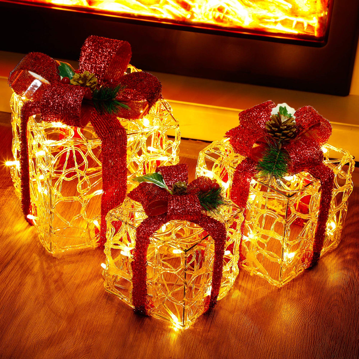 ATDAWN Set of 3 Lighted Gift Boxes Christmas Decorations, Clear Acrylic Present Boxes, Christmas Home Gift Box Decorations