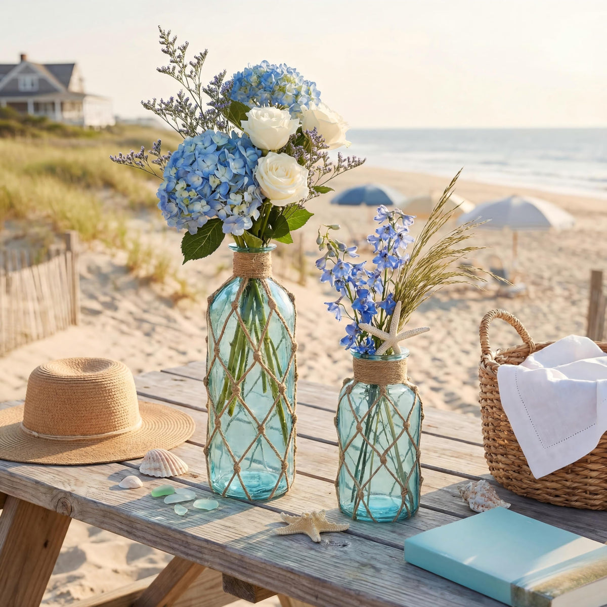 Chuangdi Set of 2 Coastal Glass Vases for Flowers TSITP Flower Vase with Boho Rope Small Sea Glass Jar Nautical Beach Bottle for Wedding Table Centerpieces Floral Arrangement Decor(Light Blue)