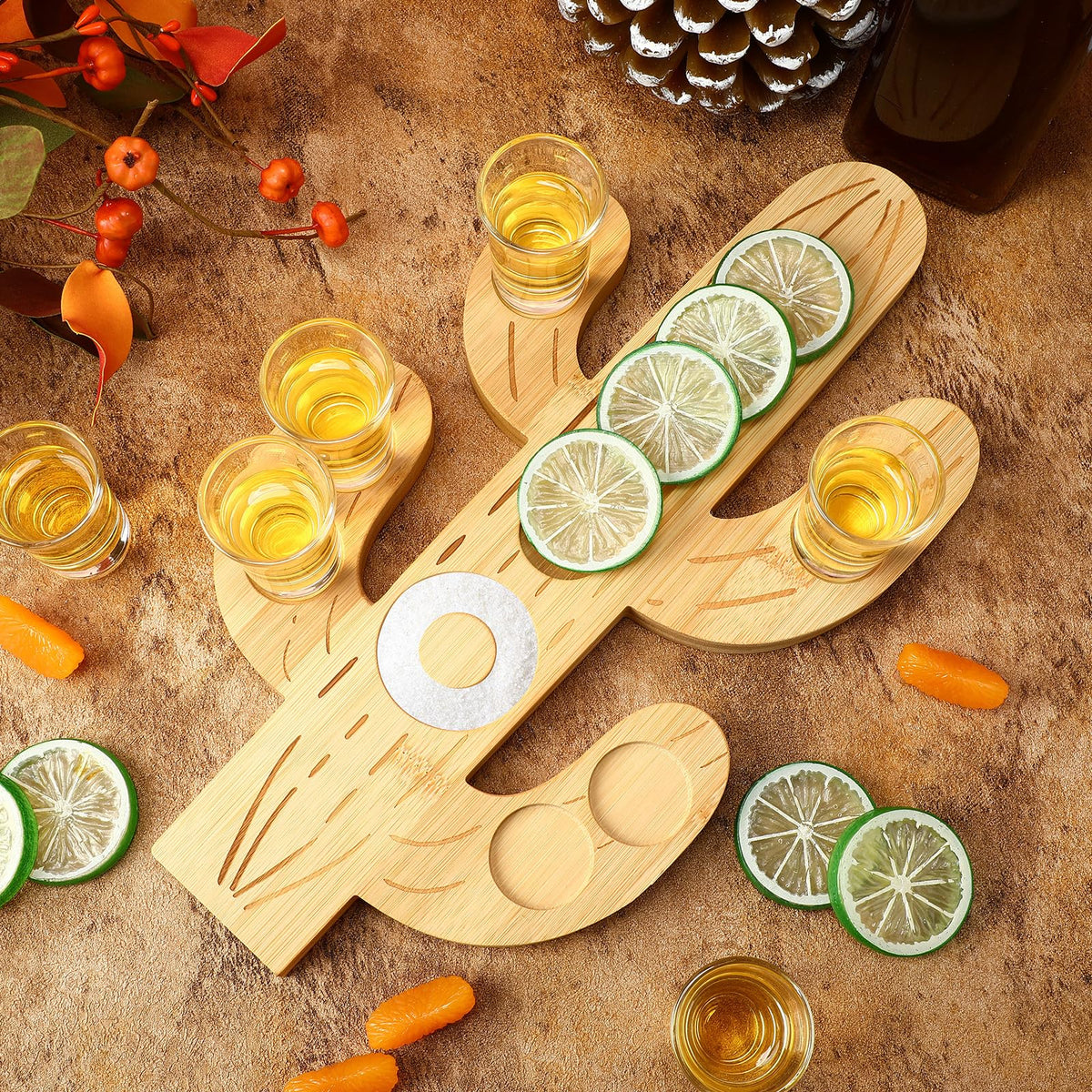Funnymoom Mexican Tequila Shot Board with Glasses Set Fiesta Wooden Serving Tray with 6 Shot Glasses and Salt Lemon Rim Mexican Tequila Gifts for Cinco De Mayo Holiday Liquor Party(Cactus)