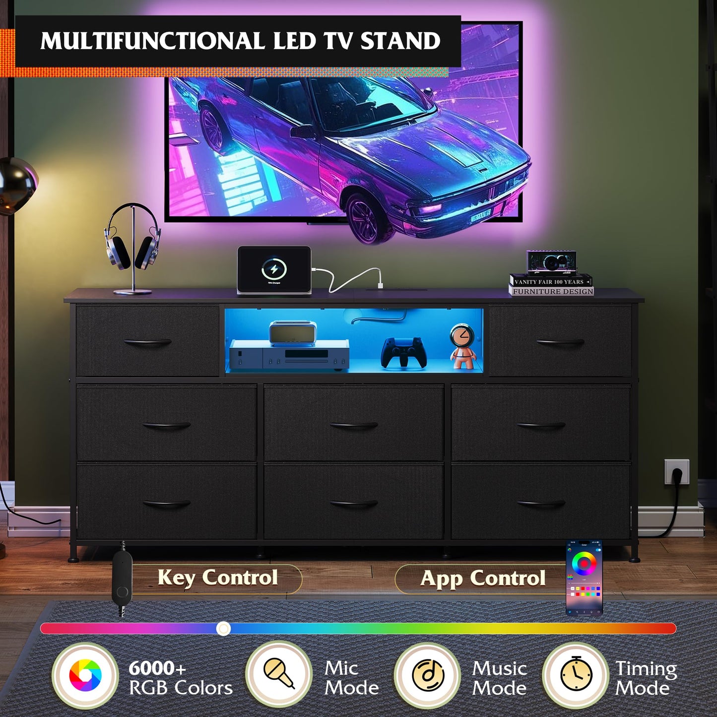 WLIVE Black Dresser TV Stand for 50, 55, 65 inch TV, Entertainment Center with LED Lights & Charging Station, Chest of Drawers with 8 Fabric Drawers and Open Shelves for Living Room, Hallway, Wood Top
