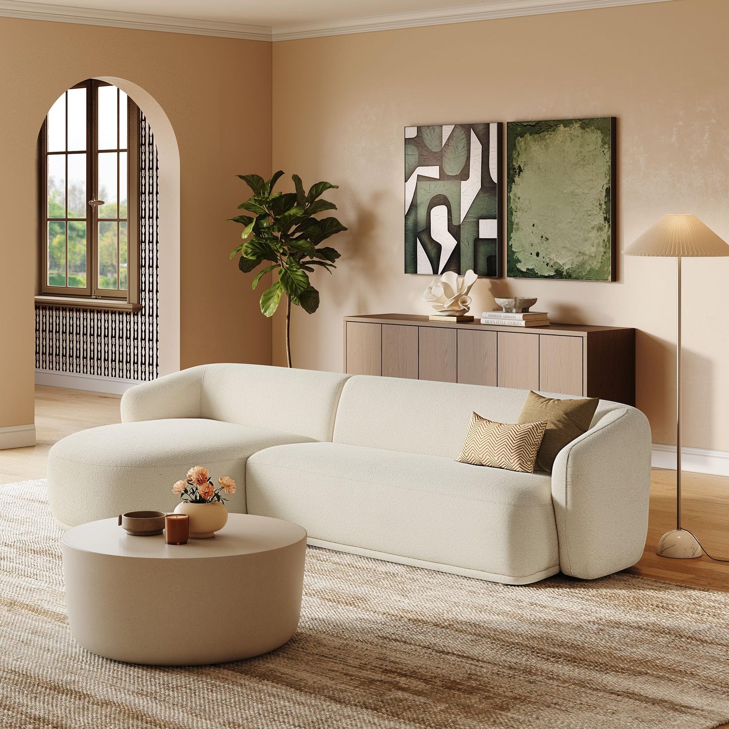 Modway Monica Left Facing Sectional with Chaise in Cream – Comfortable Low Profile 2-Piece Boucle Fabric Modular Sofa for Living Room, Bedroom, Or Apartment