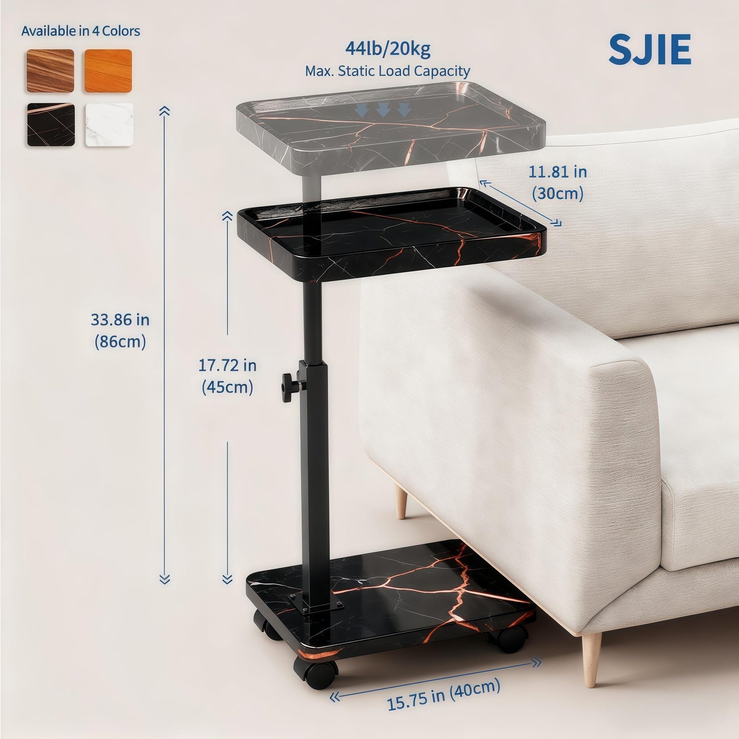 SJIE C Table End Table Adjustable Height, 360°Swivel TV Tray Table for Small Spaces, Side Tables with Wheels for Living Room and Bedroom, Bed (Black-15.7 x 11.8 inches)
