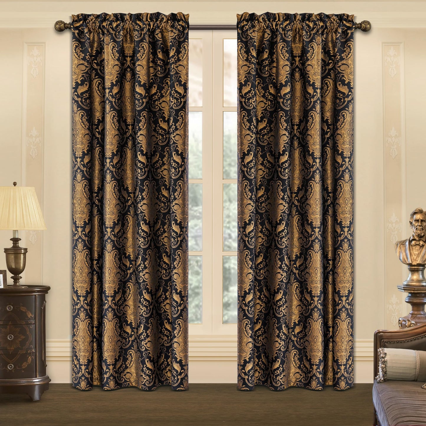 Loom and Mill Luxury Black Damask Curtains for Bedroom, Textured Lined Jacquard Curtains 2 Panels with Tiebacks, Window Curtain for Living Room Banquet Halloween Decor, Rod Pocket(52”x 84”, 2 Panels)