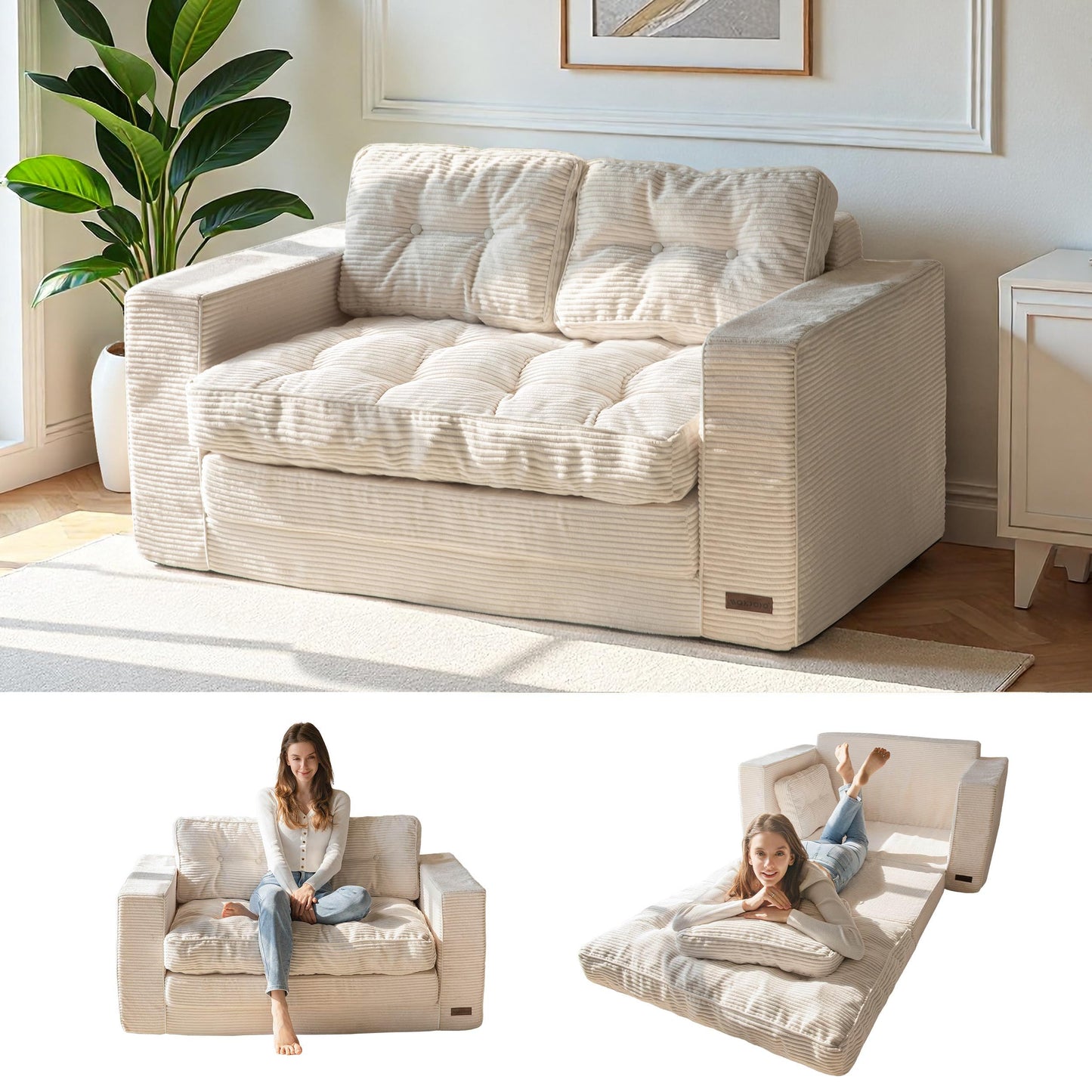 MAXYOYO Convertible Sofa Bed, Pull Out Loveseat Sofa Couch, Fold Out Floor Couch with Pillows for Living Room Bedroom Lounge, Beige