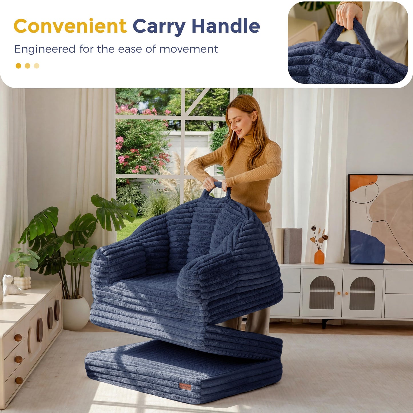 MAXYOYO Folding Sofa Bed, 2 in 1 Convertible Sofa to Lounger Comfy Faux Fur Bean Bag Chair for Adults, Floor Single Couch Chair with Handle, Couch Bed for Living Room Bedroom, Navy