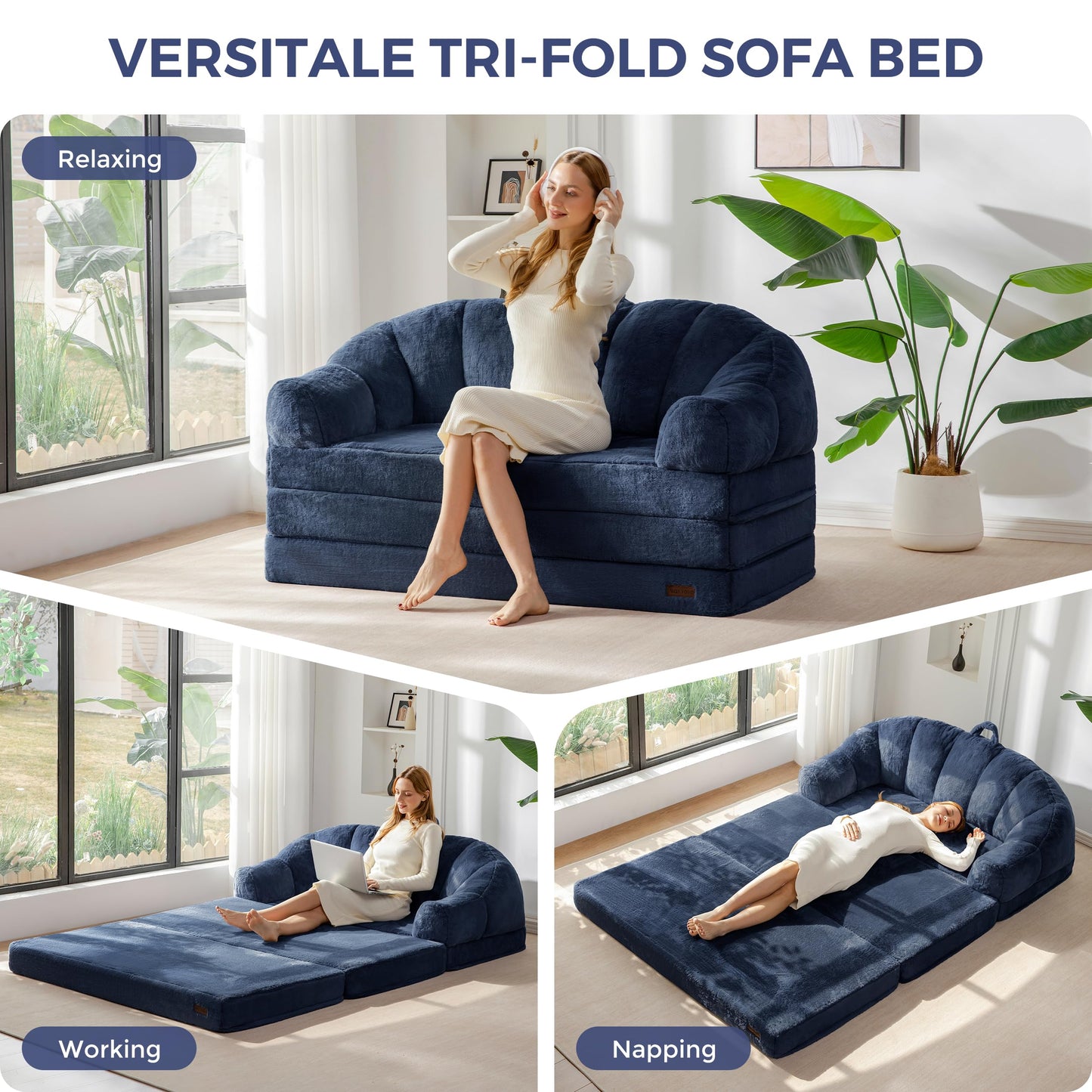MAXYOYO Folding Sofa Bed, 2 in 1 Convertible Sofa to Lounger Comfy Loveseat Bean Bag Chair for Adults, Floor Couch with Handle, Faux Fur Couch Bed for Living Room Bedroom, Navy, Loveseat
