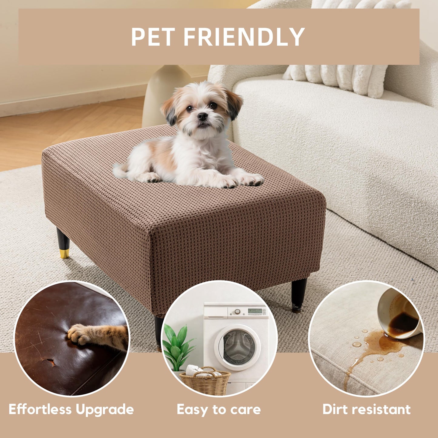 KaviKon Ottoman Cover Slipcover Rectangle Fit Length 25"-30" Stretch Foot Stool Slip Cover, Footrest Slipcovers Protector with Elastic Band, Ottoman Cover Removable Washable(Small,Grid Weave Coffee)