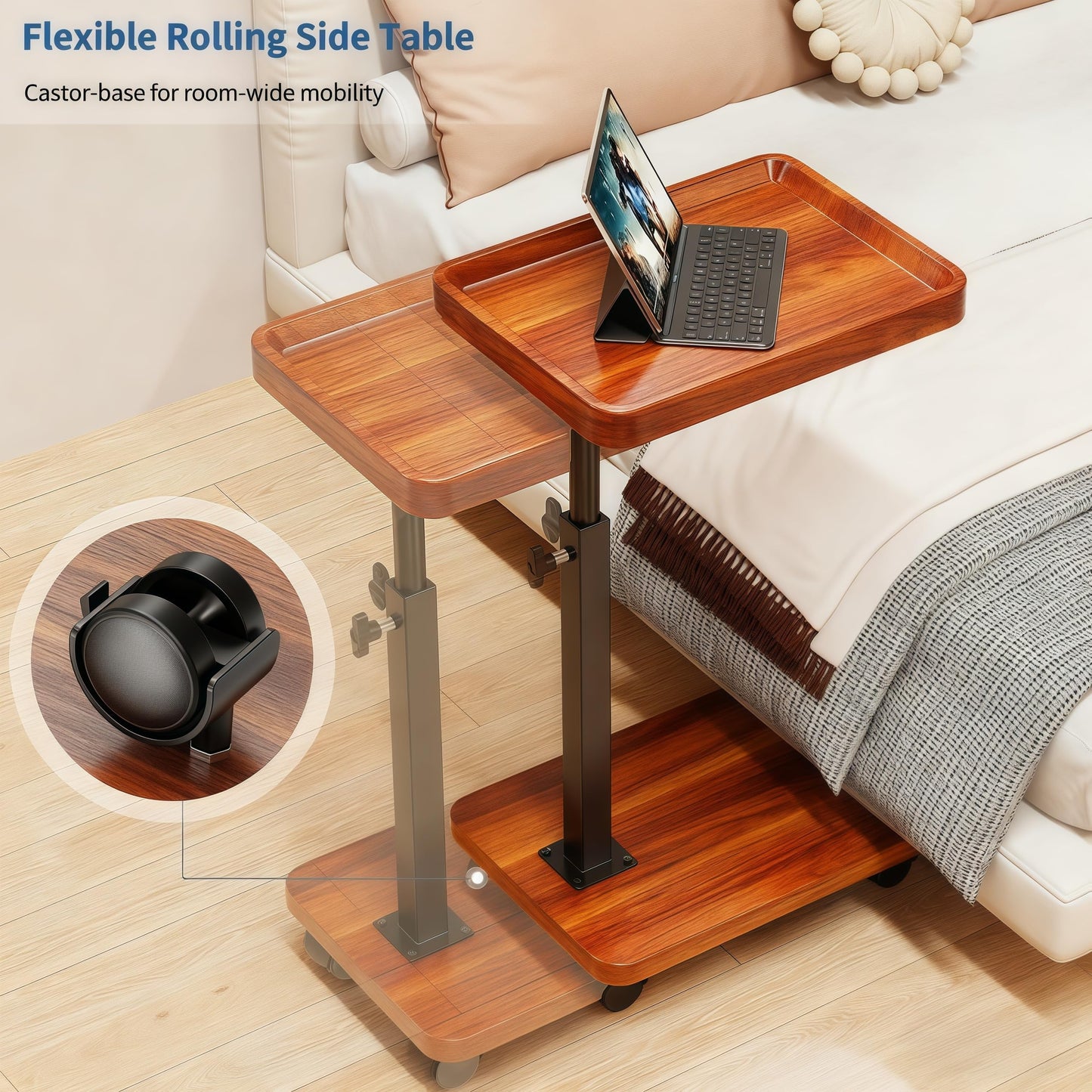 SJIE C Table End Table Adjustable Height, 360°Swivel TV Tray Table for Small Spaces, Side Tables with Wheels for Living Room and Bedroom, Bed (Yellow)