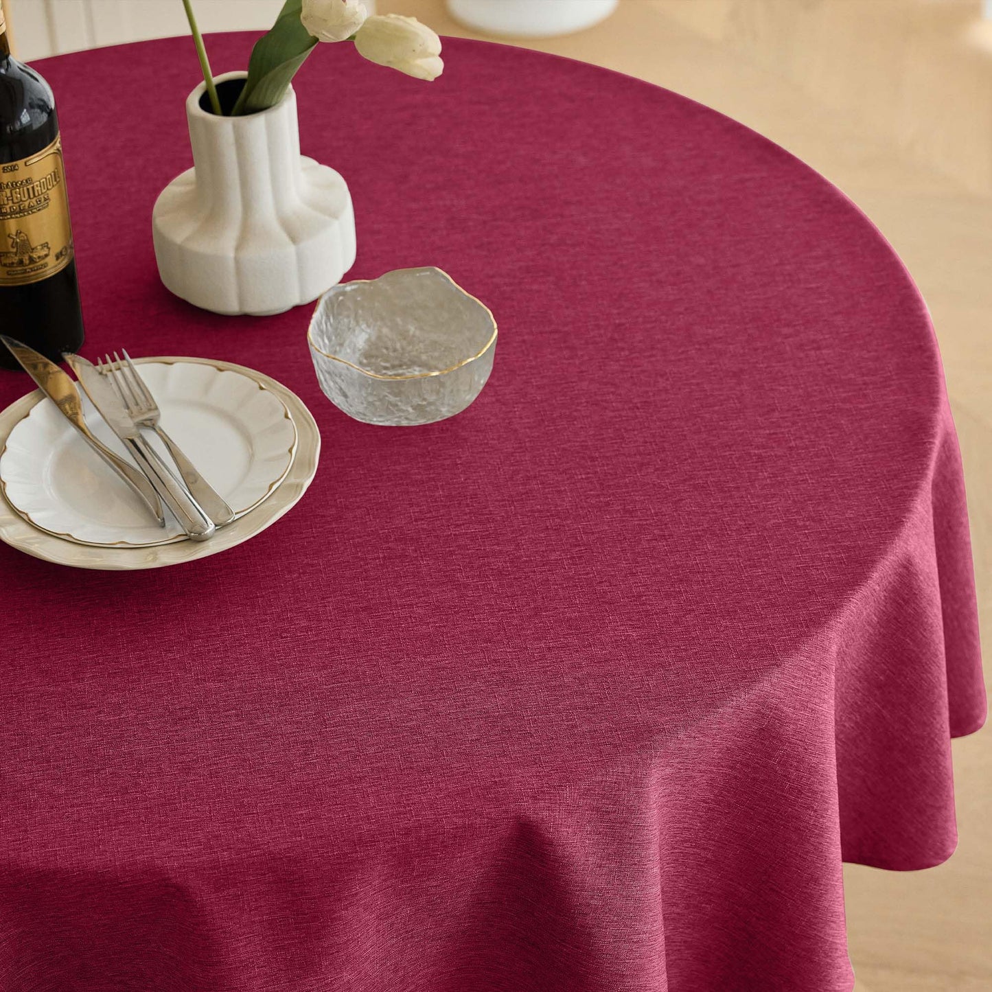Decorelia Christmas Red Waterproof Round Table Cloth for Round,Decorative Farmhouse Tablecloths Table Cover for Holiday,Banquet,Dining& Kitchen (60 Inch,Round (2-4 Seats,Burgundy)