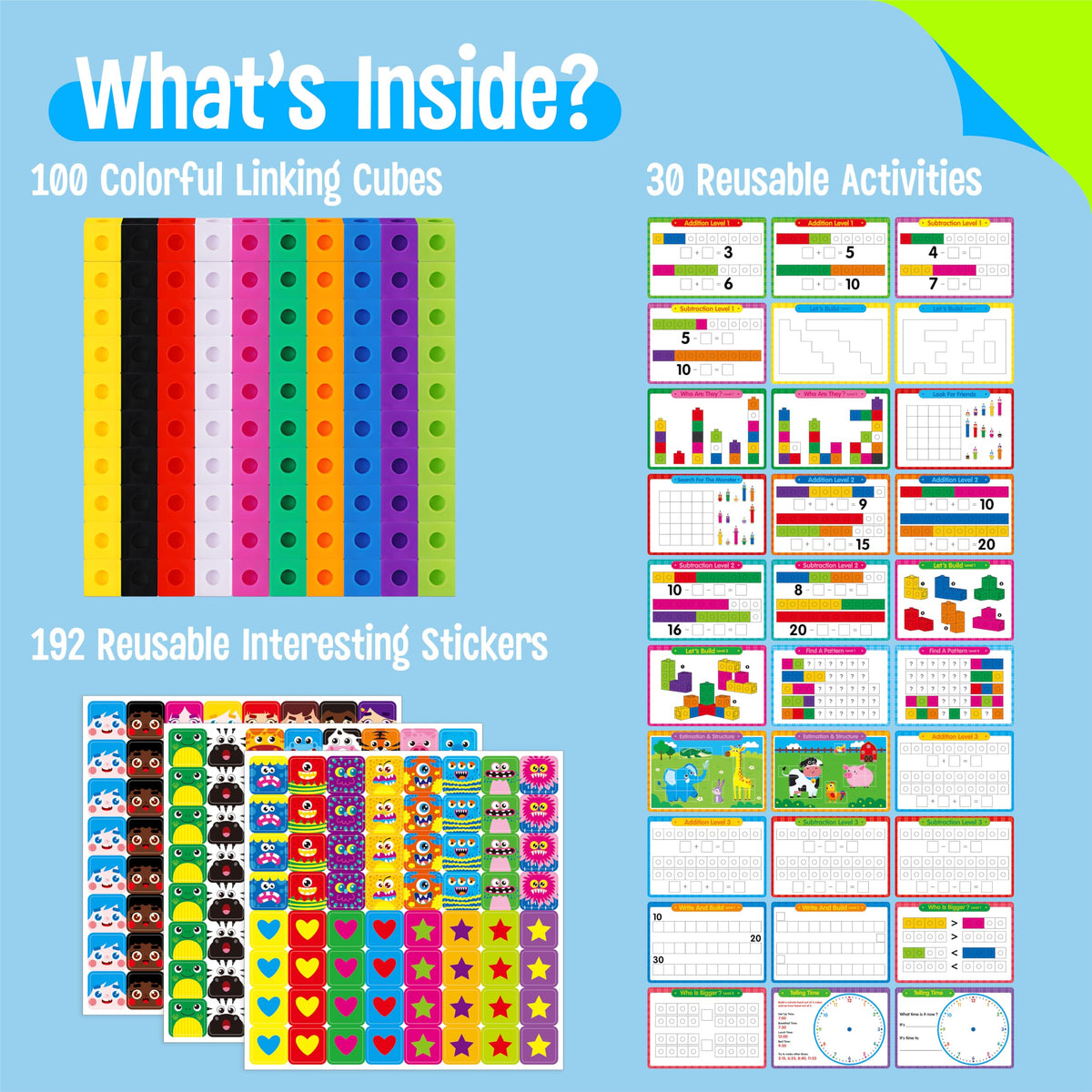 Math Linking Cubes, 100 Math Cube Manipulatives with 30 Learning Activities plus 192 Reusable Stickers, Number Counting Blocks Snap Linking Math Counters, Fun & Educational Pre-K Counting Blocks