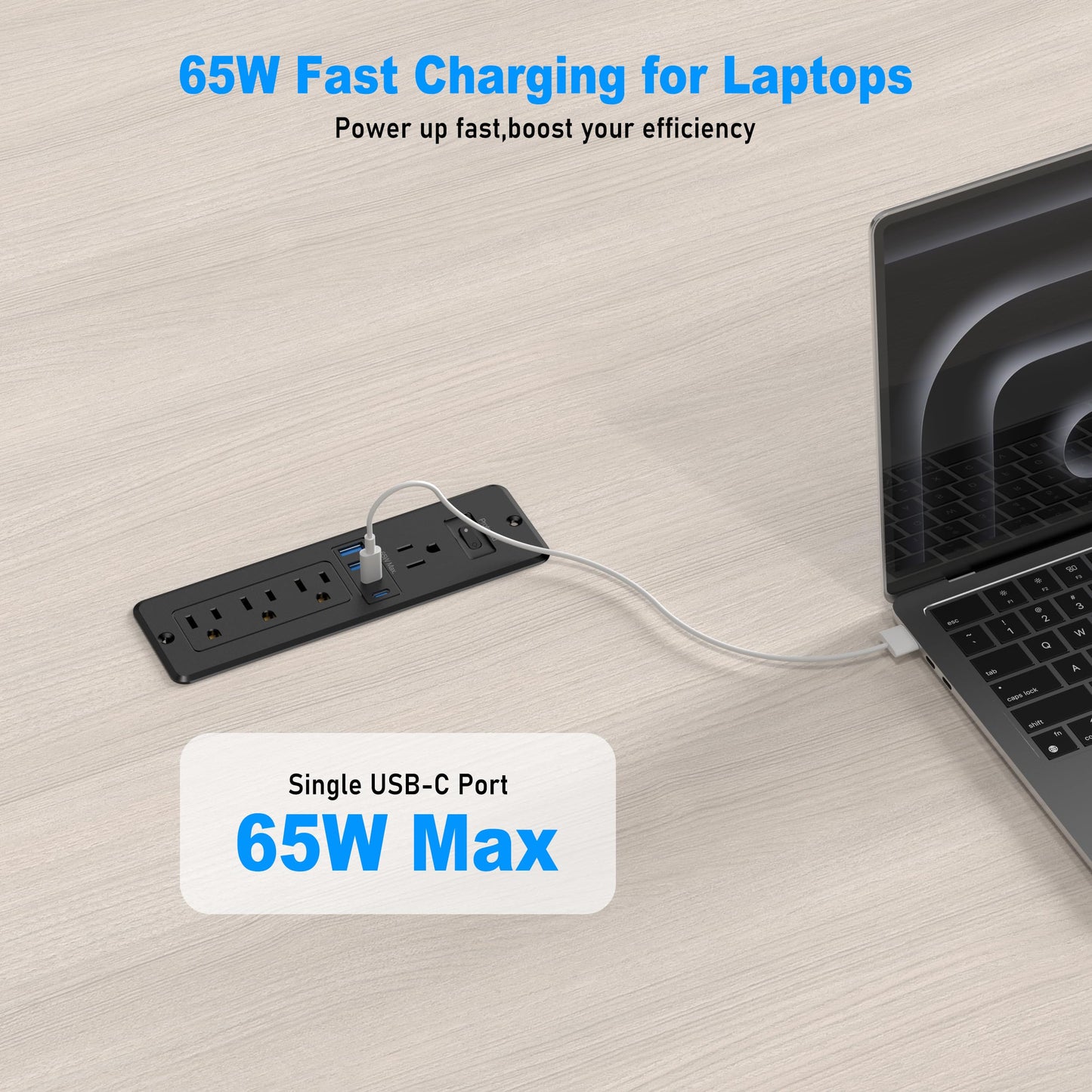 65W USB C Recessed Power Strip, Desktop Flush Mount Outlet with 4AC & 2 PD GaN USB C & 2 USB-A Ports, Furniture Hidden Drawer Charging Station for Home Office, 6FT
