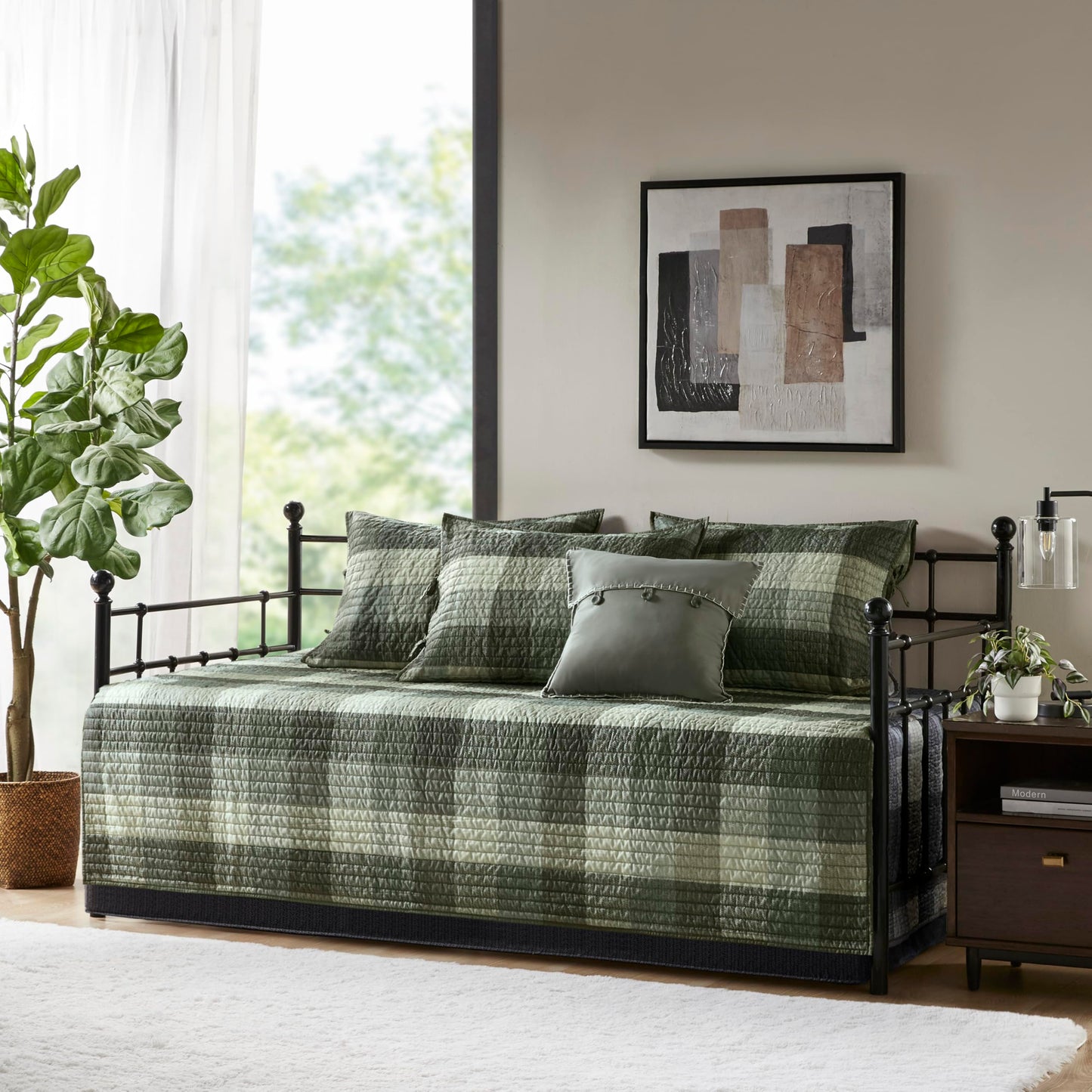 Madison Park Ridge Daybed Cover Set - Cabin Lodge Plaid Herringbone Print Reversible Design, All Season Luxury Bedding with Bedskirt, Matching Shams, Decorative Pillow, 39"x75", Grey 6 Piece