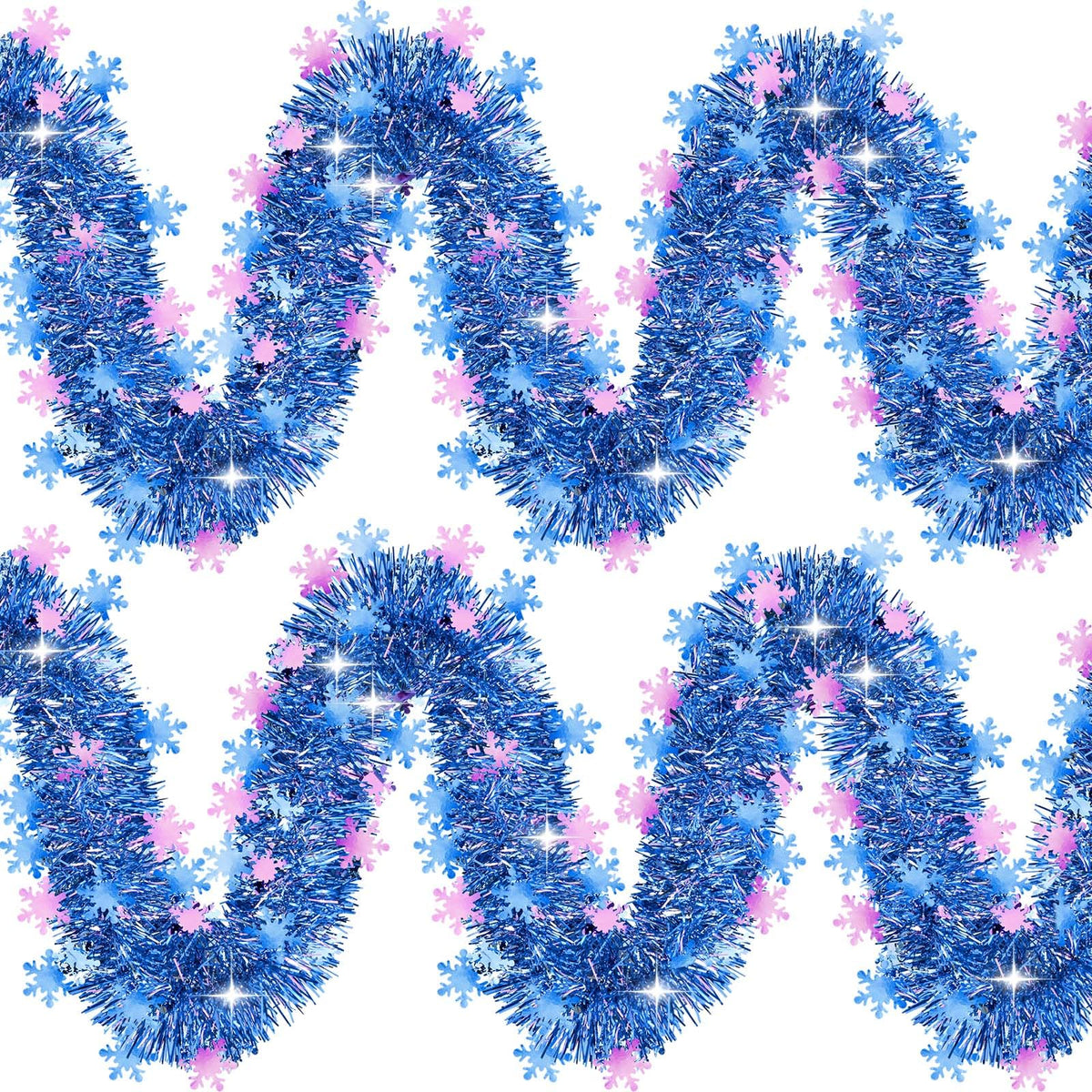 64.6 Feet Blue Purple Snowflakes Tinsel Garland Christmas Glitter Metallic Iridescent Twist Hanging Garland for Xmas Snow Winter Indoor Outdoor Ceiling Wall Tree Birthday Party Decoration