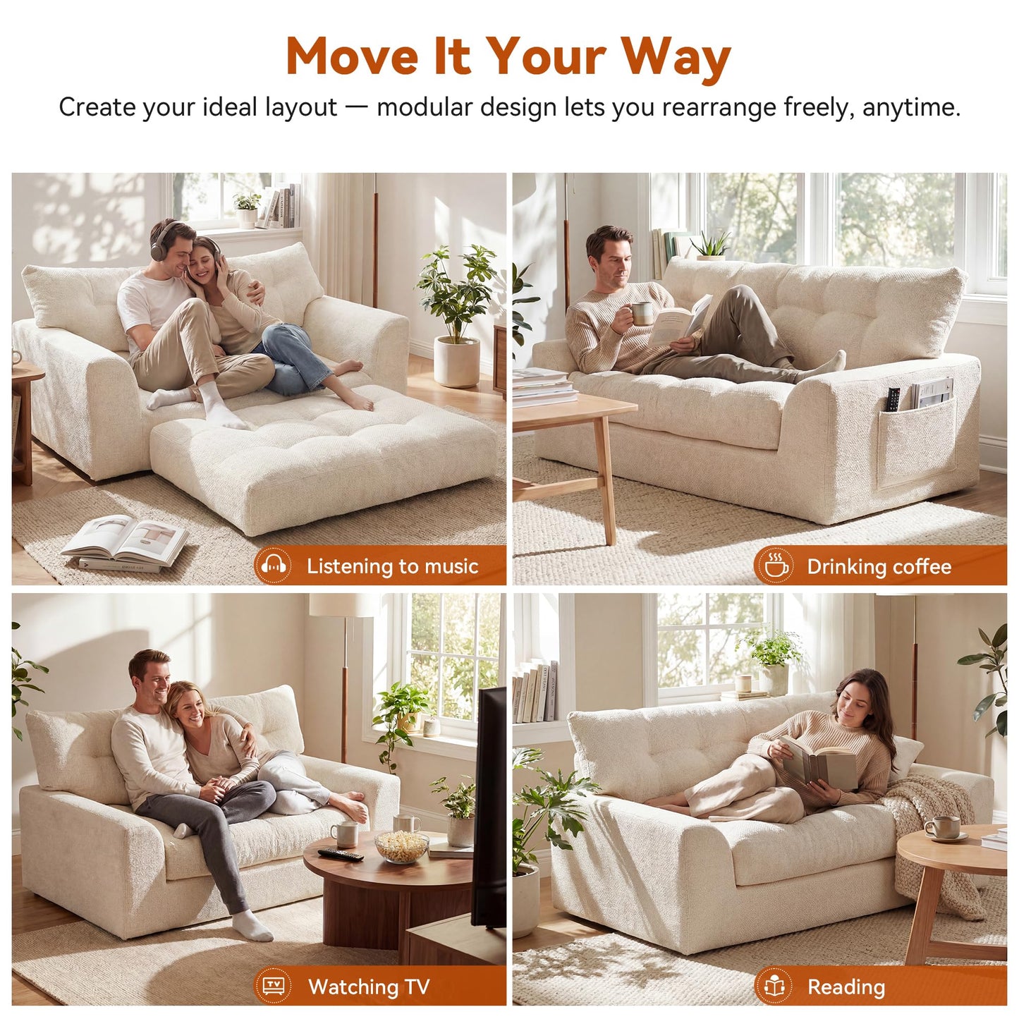 MONVANE 55.5" Convertible Loveseat Sofa Bed, 2-in-1 Boneless Sleeper Sofa Couch with Storage Pocket, Comfy Chenille Deep Seat Couch for Living Room, No Assembly Required, Beige