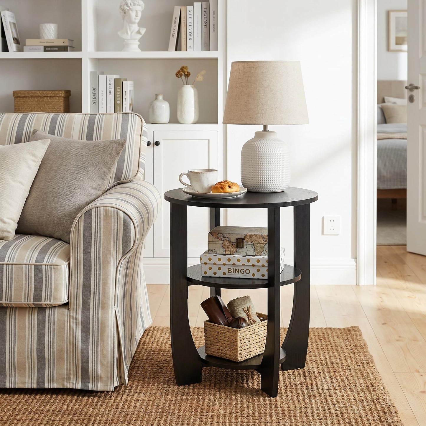 ZEXVIDA Round Side Table, 3-Tier End Table with Storage, 19.7 inch Black Accent Table,Nightstand for Bedroom Living Room, Modern Design for Couch, Sofa, Recliner, Small Space