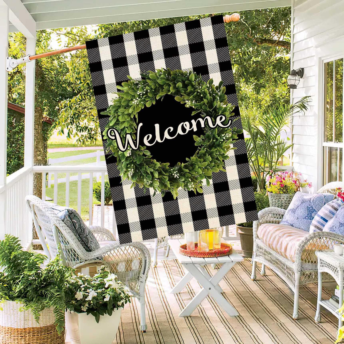 Baccessor Boxwood Wreath Welcome House Flag Vertical Double Sided, Buffalo Check Plaid Rustic Farmhouse Burlap Garden Yard House Flag Outdoor Decoration 28 x 40 Inch