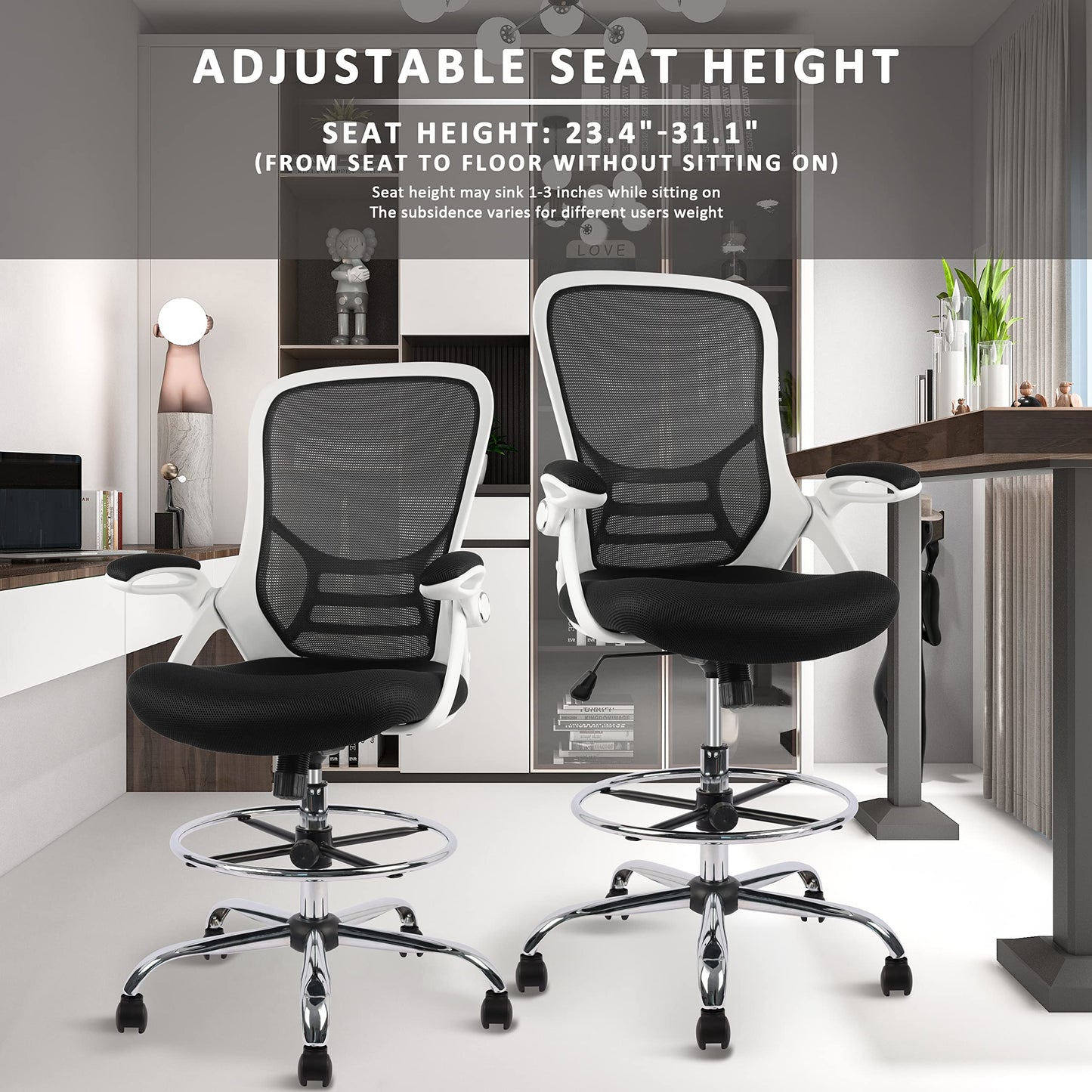 HYLONE Drafting Chair, Tall Office Chair Mesh Standing Desk Stool with Adjustable Foot Ring, Flip-Up Arms, White & Black