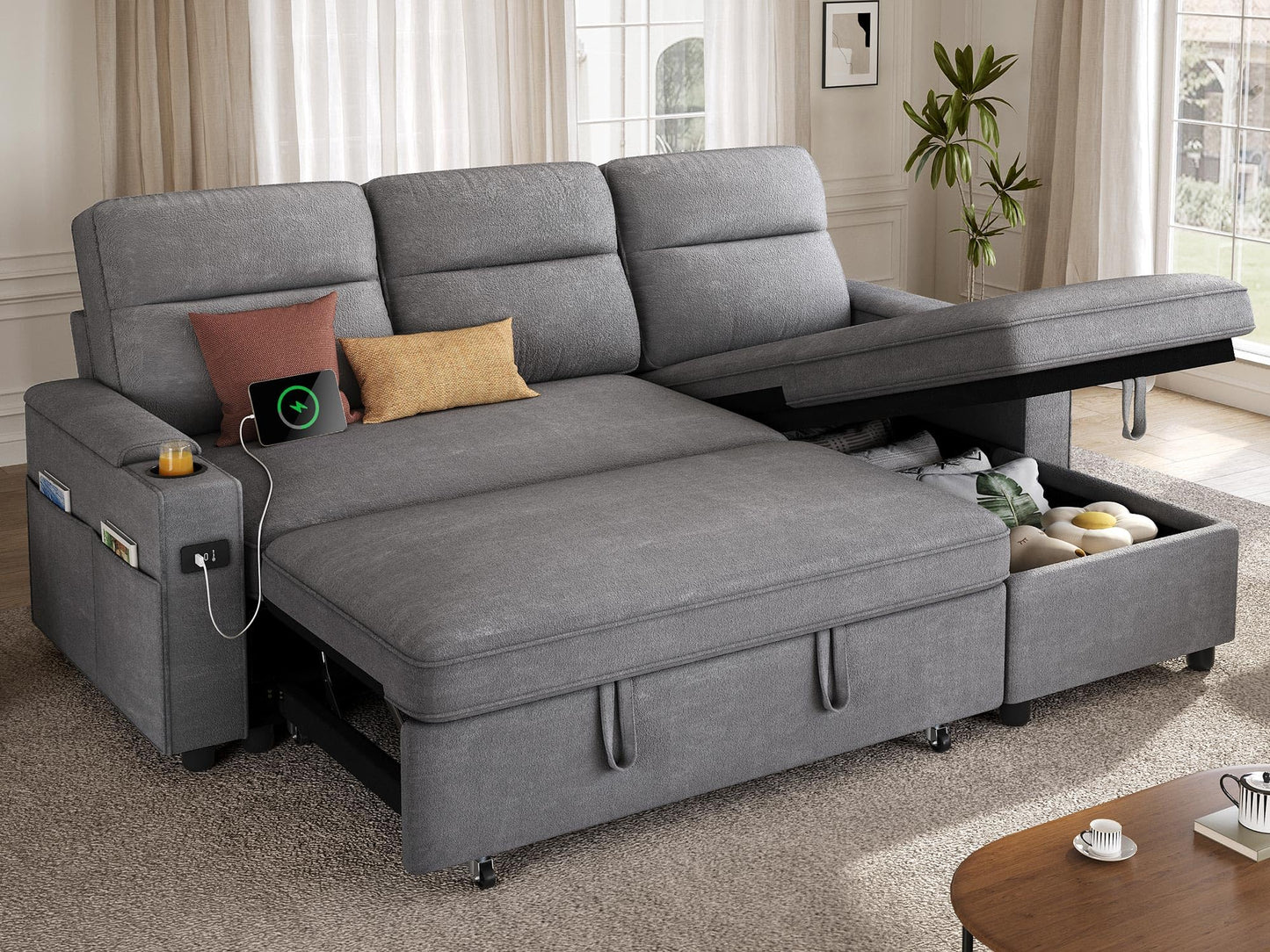 YITAHOME Sectional Sleeper Sofa with Pull Out Couch Bed, 81" Convertible Sleeper Sofa with Adjustable Backrest, Sofa Bed Sleeper Couch with Armrest & USB Port, Grey