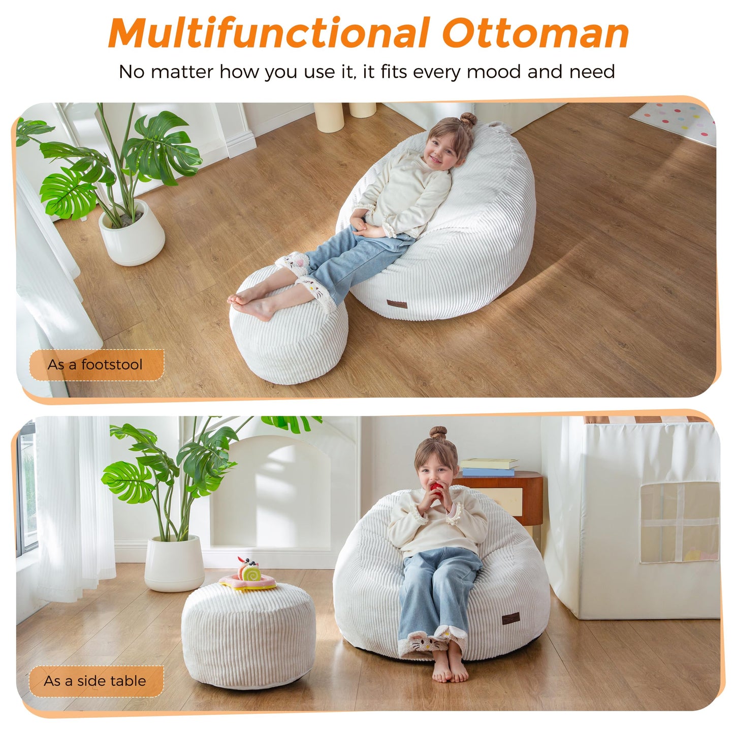 MAXYOYO Kids Bean Bag Chair with Ottoman, Soft Plush Bean Bag Sofa with Removable Cover for Boys and Girls, Convenient Floor Seat with Handle, Comfy Toddler Lounge Chair for Playroom, Bedroom, Beige