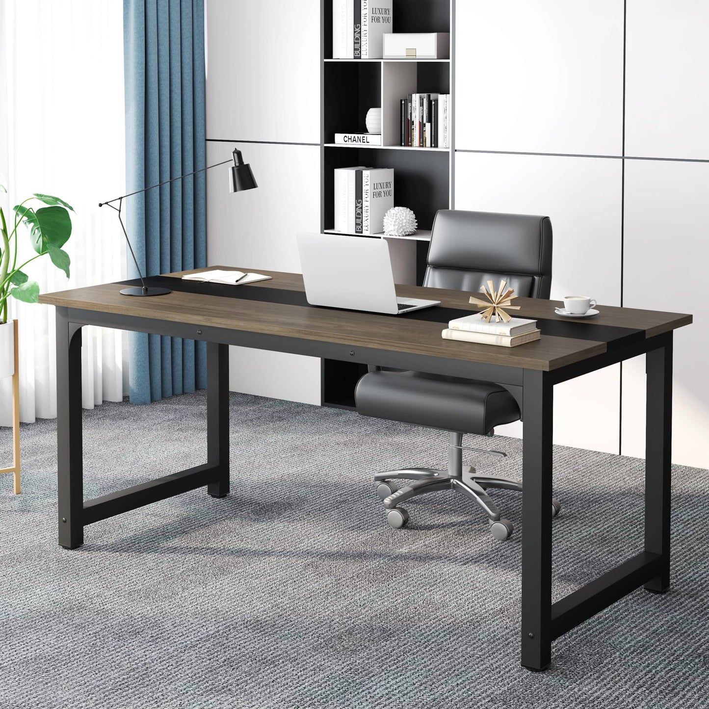 Tribesigns 70.8” Executive Desk, Large Office Computer Desk with Thicken Frame, Modern Simple Workstation Business Furniture for Home Office, Vintage Grey/Black