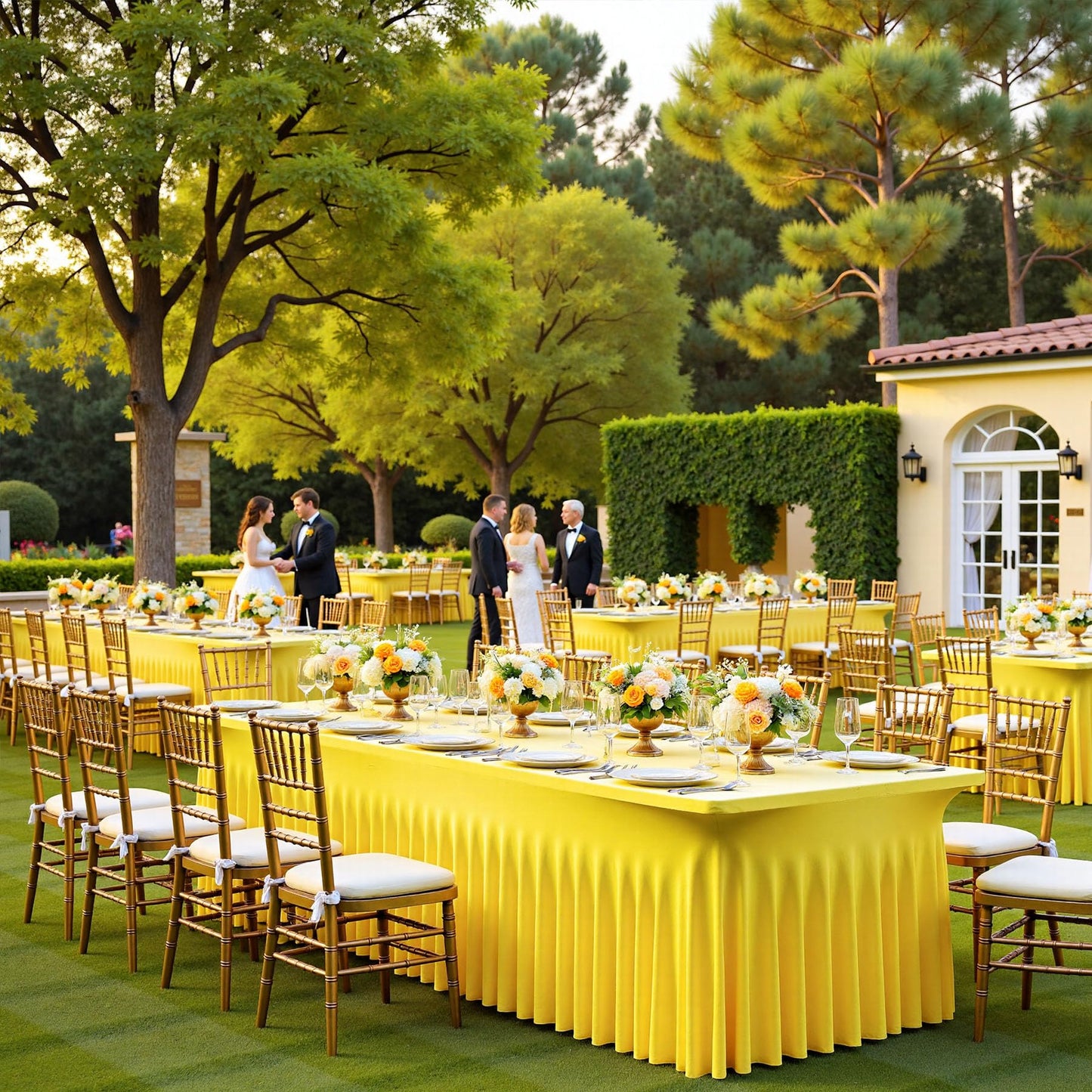2 Pack Yellow Spandex Table Clothes for 6 Foot Rectangle Tables, Wrinkle Free Lemon Fitted Table Cover 6ft Stretch Tablecloths Desk Skirt for Parties Weddings Birthday Banquet Baby Shower