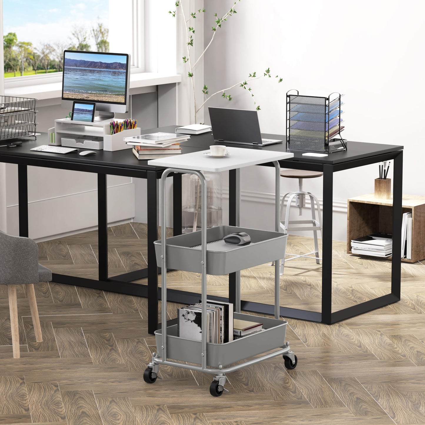 Simple Houseware 2-Tier Rolling Utility Cart with Lockable Wheels and Wood Top, Metal Storage Organizer Trolley for Kitchen, Bathroom, Office, Craft Room, White