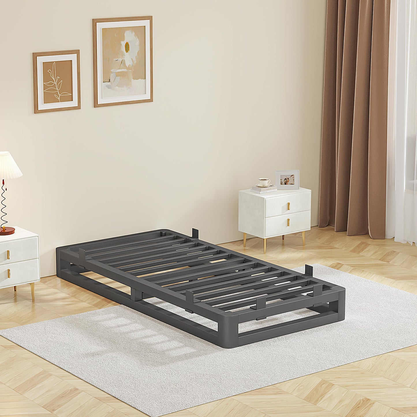 Cresyfu 6 Inch Twin Bed Frames with Rounded Corner and Squeak Free U-Slot Design, Metal Platform Bed Frames 6 Non-Slip Guards, 3500lbs Heavy Duty Steel Slat Support, No Box Spring Needed, Black