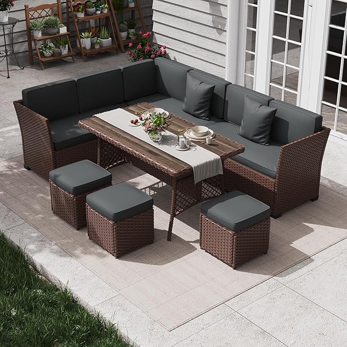 KIGOTY 7 Piece Patio Furniture Set, Outdoor PE Wicker Rattan Outdoor Dining Set