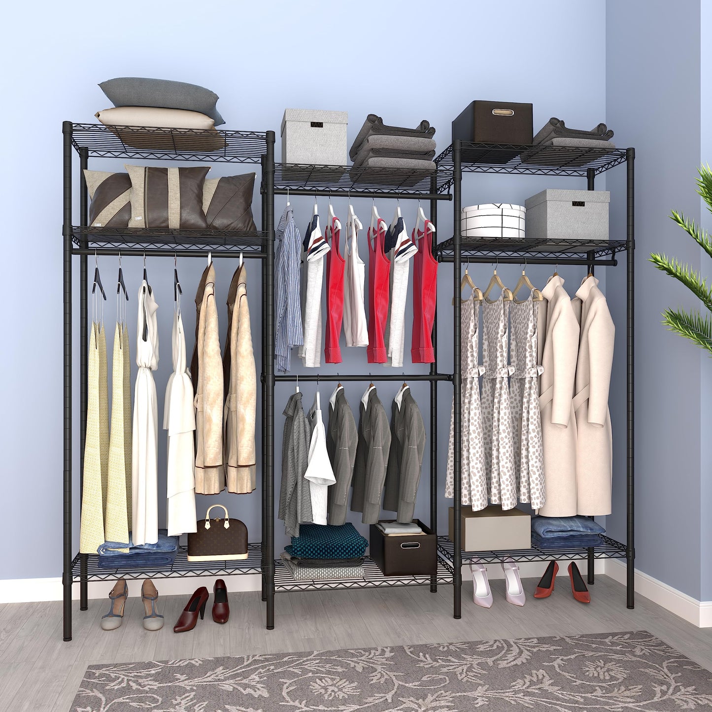 Serxis Heavy Duty Clothes Rack,Freestanding Clothing Shelf,Metal Garment Rack,Adjustable Custom Closet Shelf, 75" L x 13.8" W x 75.2" H, Max Load 800LBS, Large(Black)