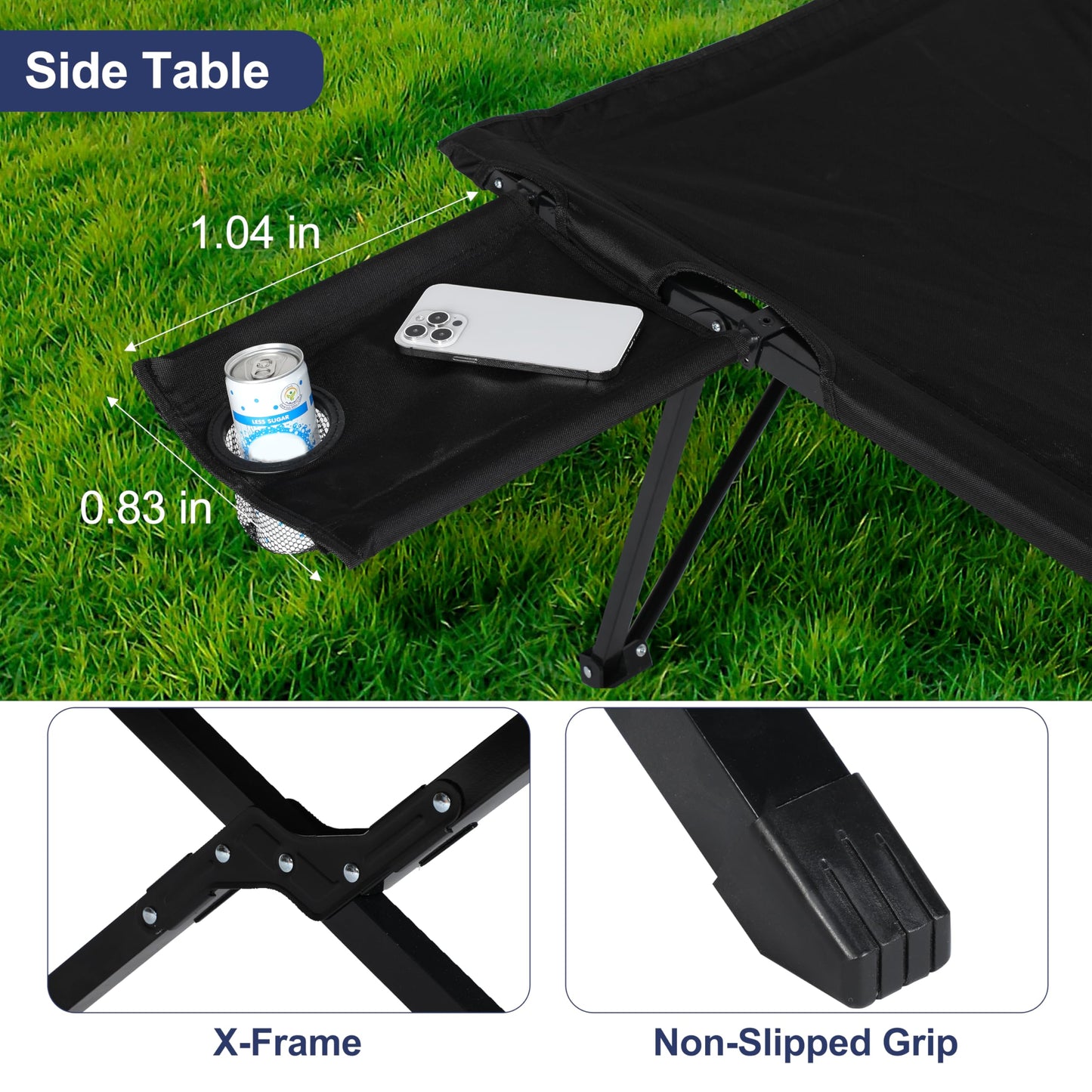 YSSOA Folding Camping Cot with Table for Adults, Portable and Lightweight Sleeping Bed for Outdoor Traveling, Hiking, Easy to Set up, Black