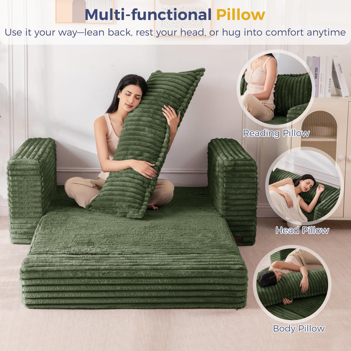 MAXYOYO Convertible Sofa Bed, 2 in 1 Folding Couch Bed for Small Space, Pull Out Loveseat Sofa Couch with Large Back Pillow, Plush Fabric Lounge Couch for Living Room, Apartment, Dark Green