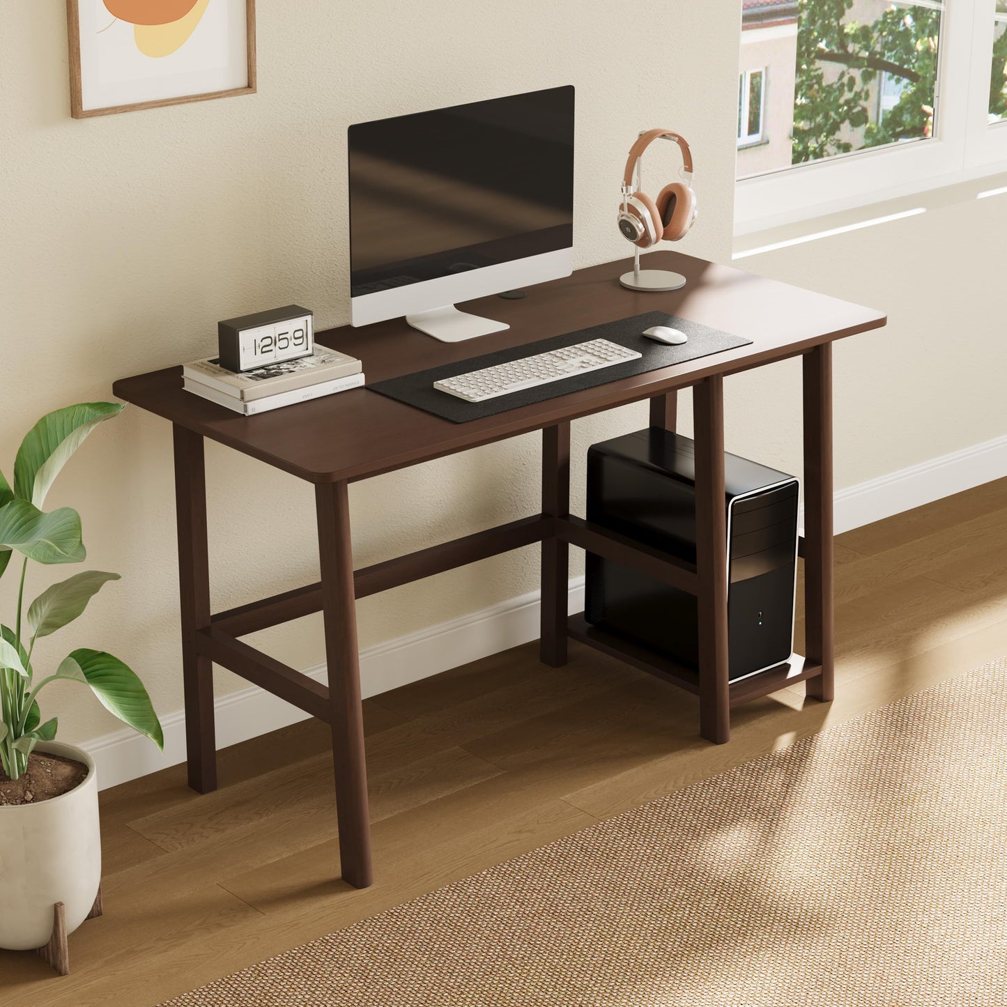 NELYE Solid Wood Computer Desk - 52" W x 24" D Modern Minimalist Table with Shelf，Sturdy Computer Workstation for Home Office, Walnut