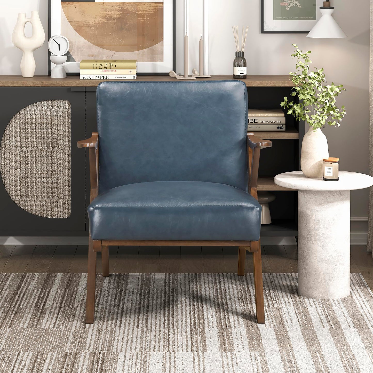 Lexicon Mid Century Modern Accent Chair, Faux Leather Upholstered Lounge Seat, Brown Finish Solid Wood Framed Comfy Side Chair for Living Room/Bedroom/Office/Waiting Area, Blue