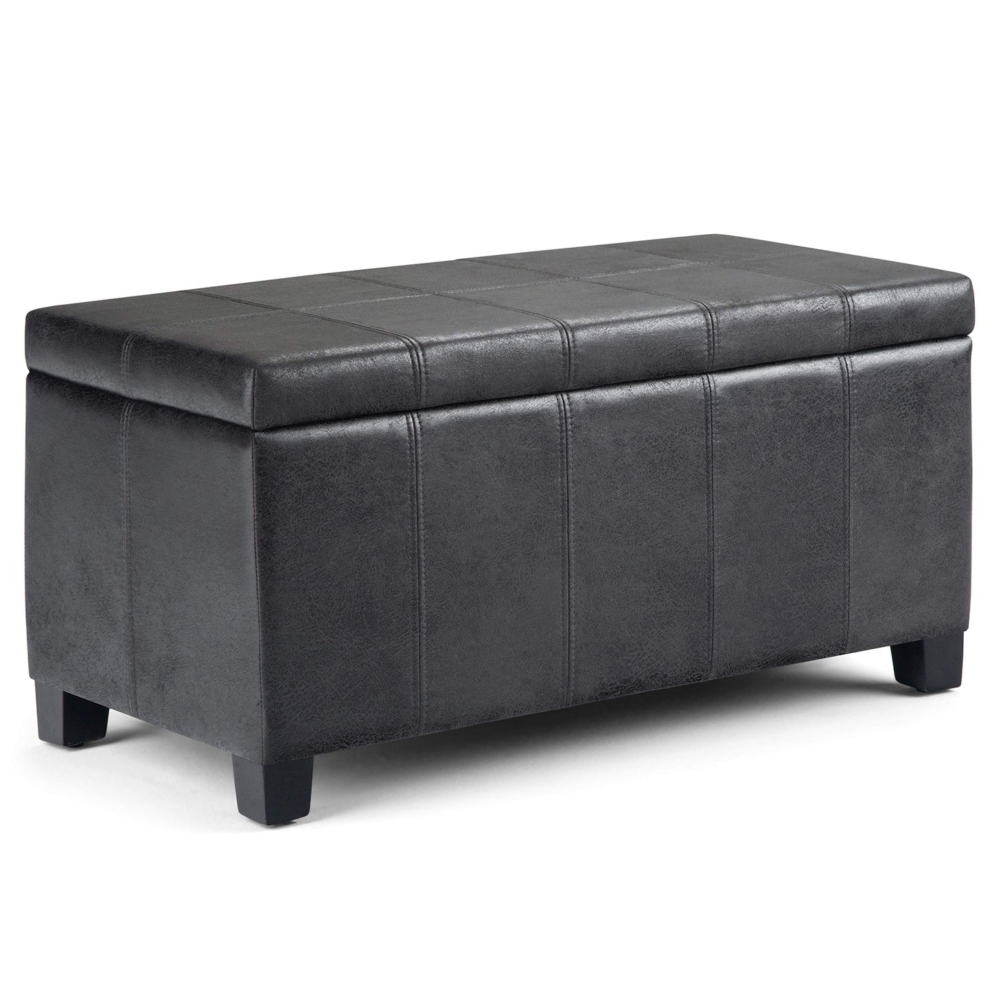 SIMPLIHOME Dover Storage Ottoman Bench - 36 inch Wide Upholstered Vegan Leather Rectangular Lift-Top Ottoman in Distressed Black, Contemporary Bench for Living Room with Safety Hinges