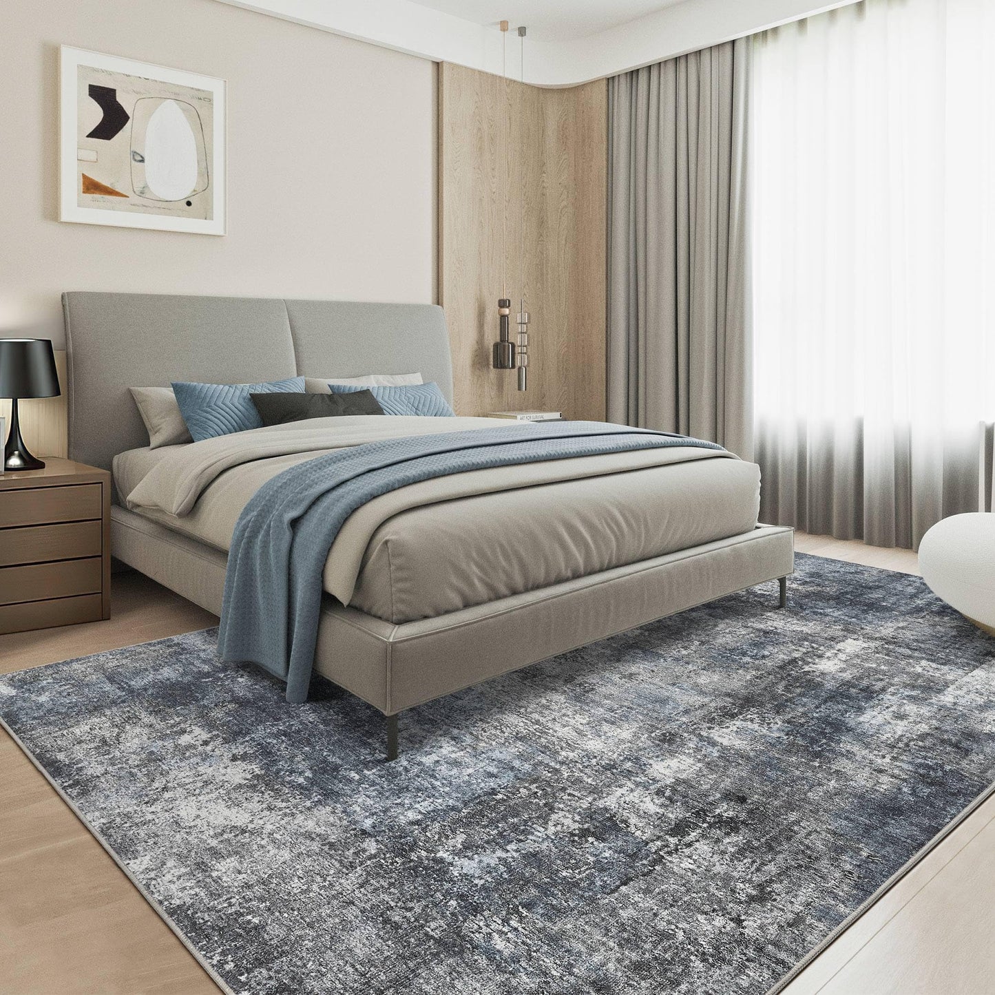 TARANCH Abstract 10x14 Area Rug: Machine Washable Non Slip Ultra Thin Low-Pile Carpet, Soft Stain Resistant for Living Dining Room Bedroom, Kid Pet Friendly, Robot Vacuum Compatible - Dark Grey/Blue