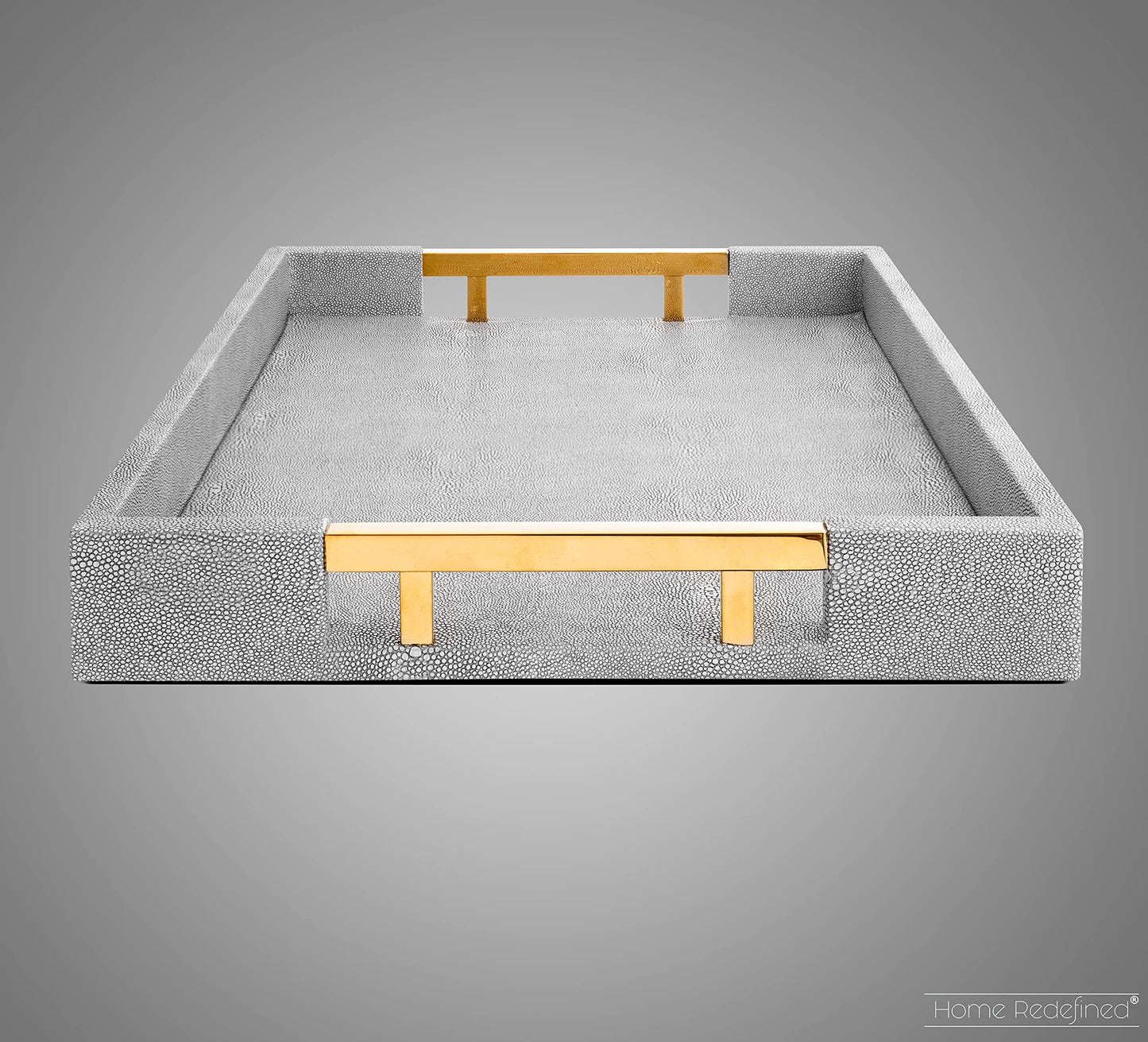 Home Redefined Modern Elegant 17.5"x12" Rectangle Glossy Grey Shagreen Faux Leather Decorative Tray Ottoman Coffee Table Perfume Kitchen Display Perfume Serving Tray with Gold Polished Metal Handles.