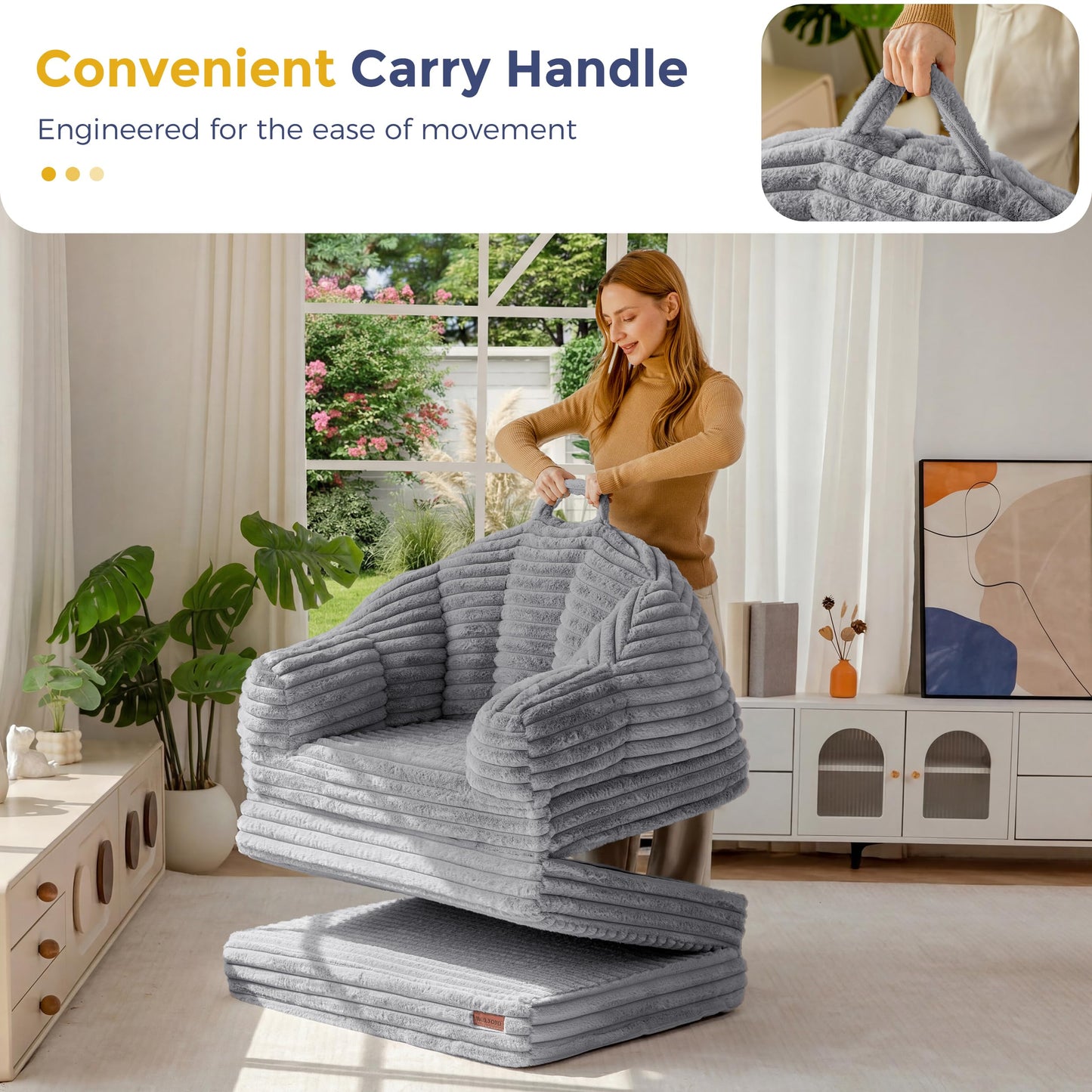 MAXYOYO Folding Sofa Bed, 2 in 1 Convertible Sofa to Lounger Comfy Faux Fur Bean Bag Chair for Adults, Floor Single Couch Chair with Handle, Couch Bed for Living Room Bedroom, Grey
