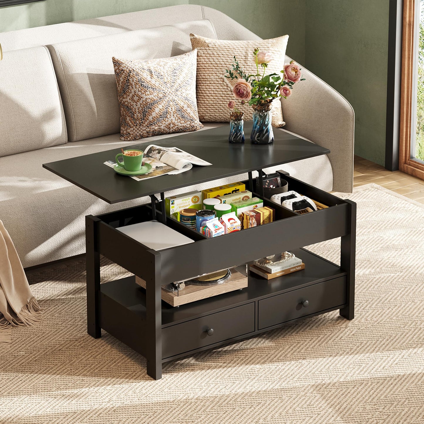 WLIVE Coffee Table, Lift Top Coffee Table with 2 Drawers, Large Hidden Compartment and Open Storage Shelf, Lift Tabletop, Dining Table for Living Room, Black